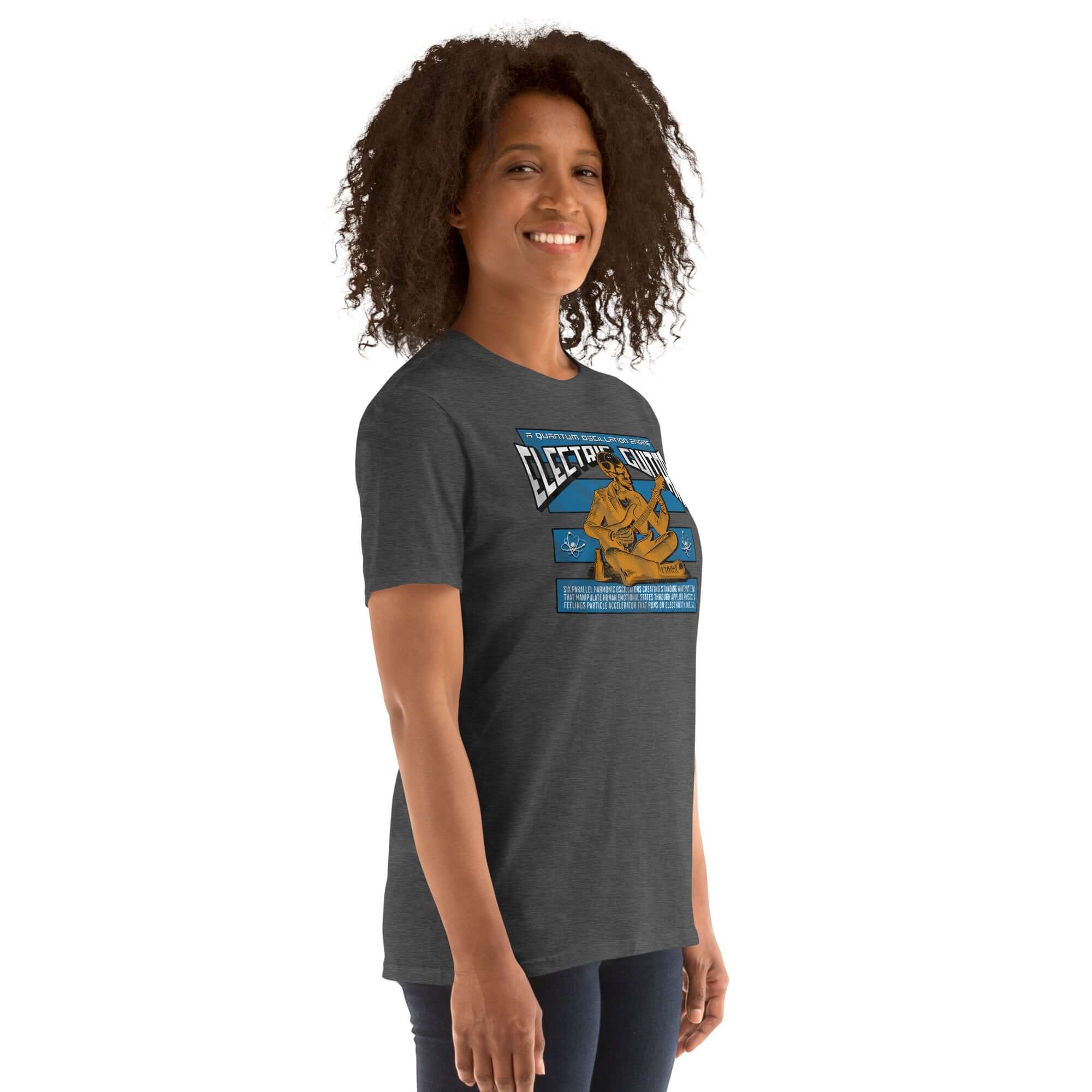 Woman wearing Electric Guitar Quantum Oscillation Engine T-Shirt with physics and music humor design, gray color.