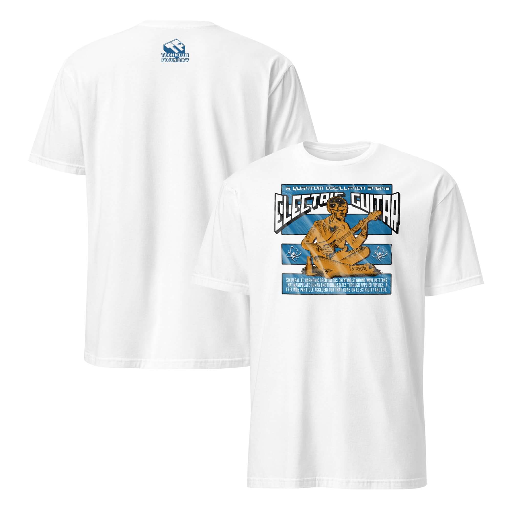 White t-shirt with electric guitar quantum oscillation design, blending physics and music humor, featuring Hendrix and Heisenberg graphics.