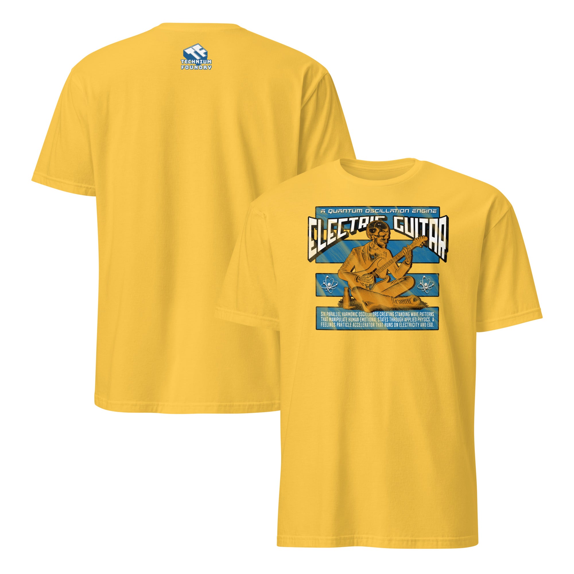 Yellow t-shirt featuring Electric Guitar Quantum Oscillation Engine design with humorous physics and music theme.
