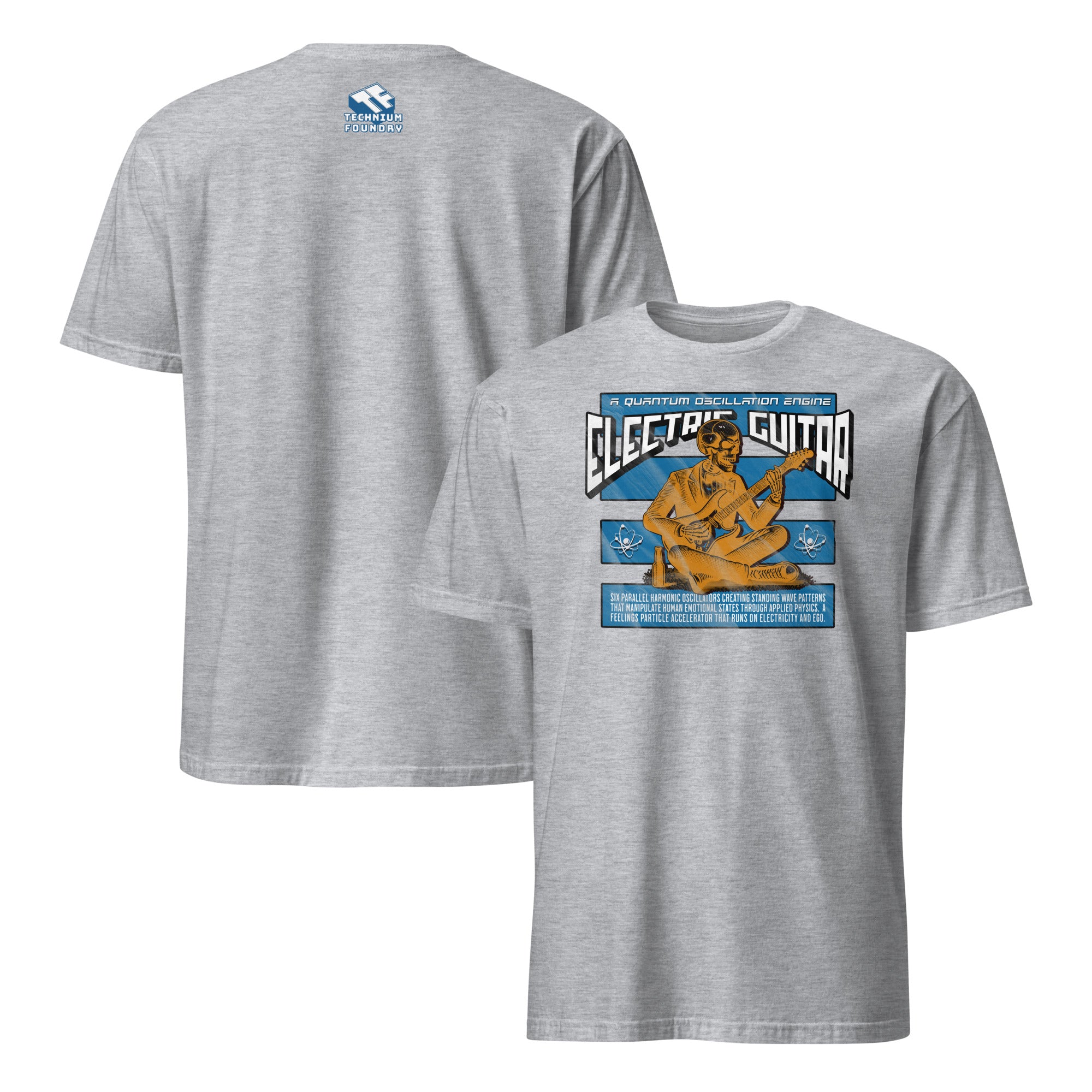 Electric Guitar Quantum Oscillation Engine T-Shirt showcasing physics and music humor design, front and back view.