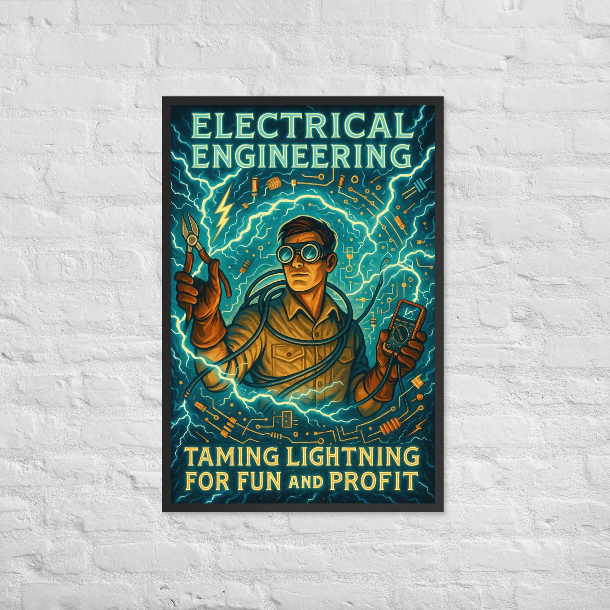 Vintage electrical engineering poster depicting a futuristic engineer amidst lightning, titled 'Taming Lightning for Fun and Profit'.