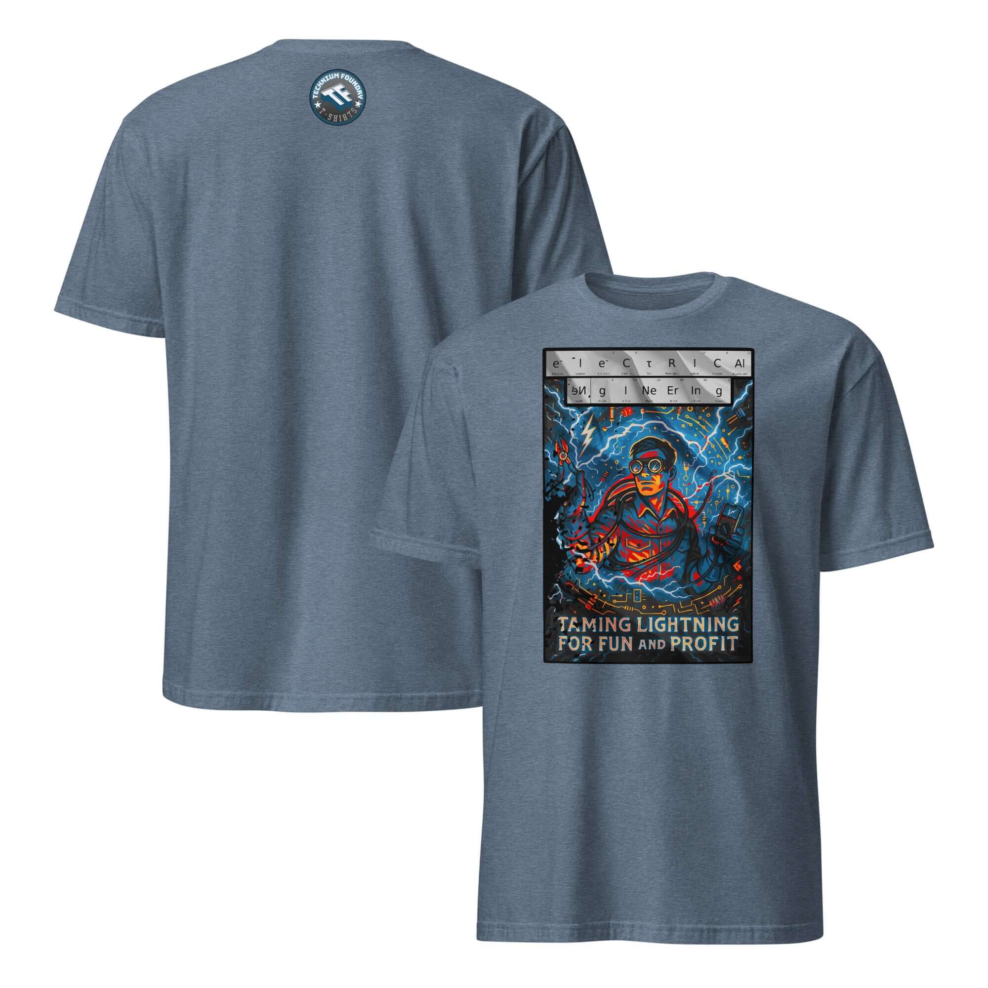 Electrical Engineering T-Shirt with modern-day Zeus design, "Taming Lightning For Fun and Profit," on the back, blue color.