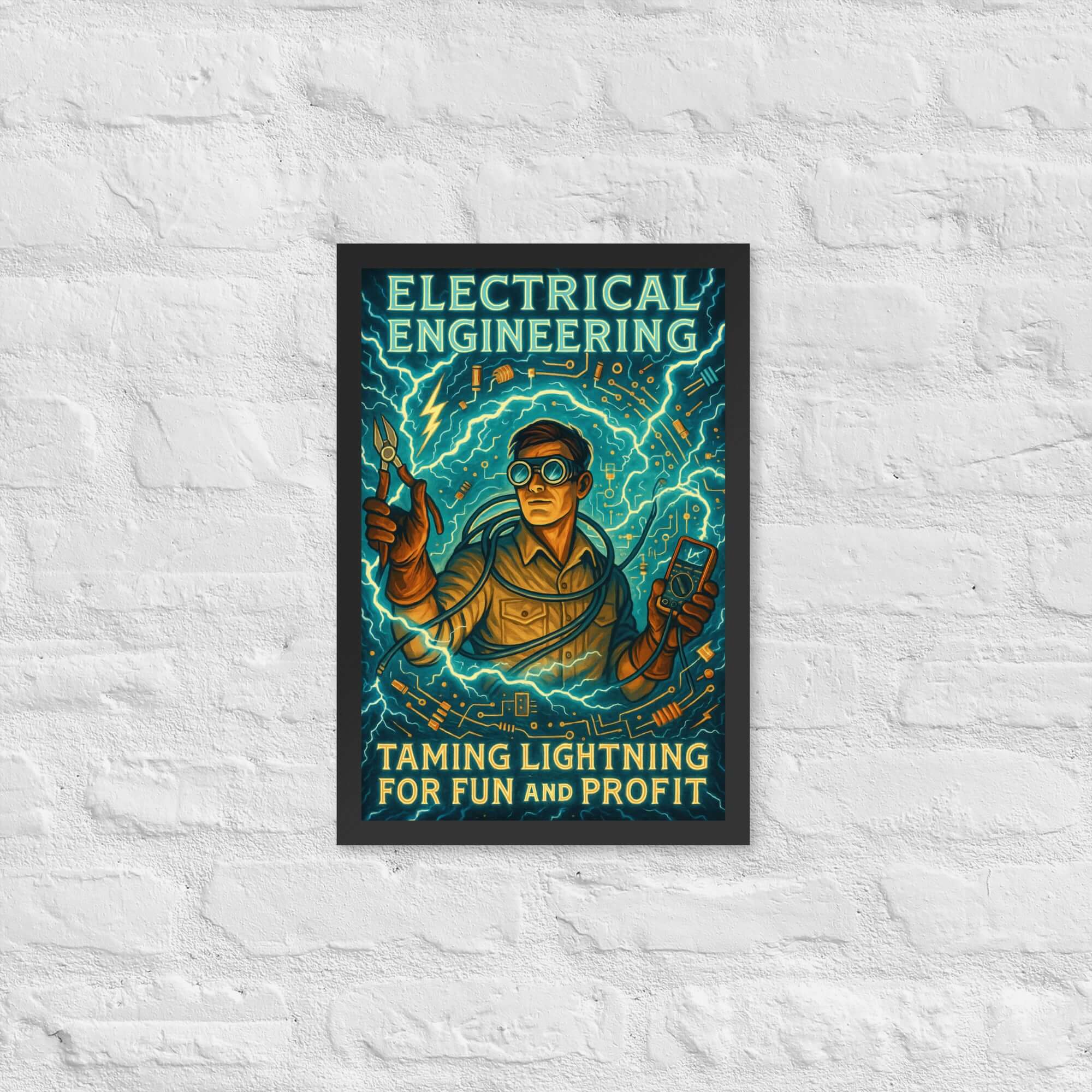 Vintage poster of scientist taming lightning, titled 'Electrical Engineering: Taming Lightning for Fun and Profit'.