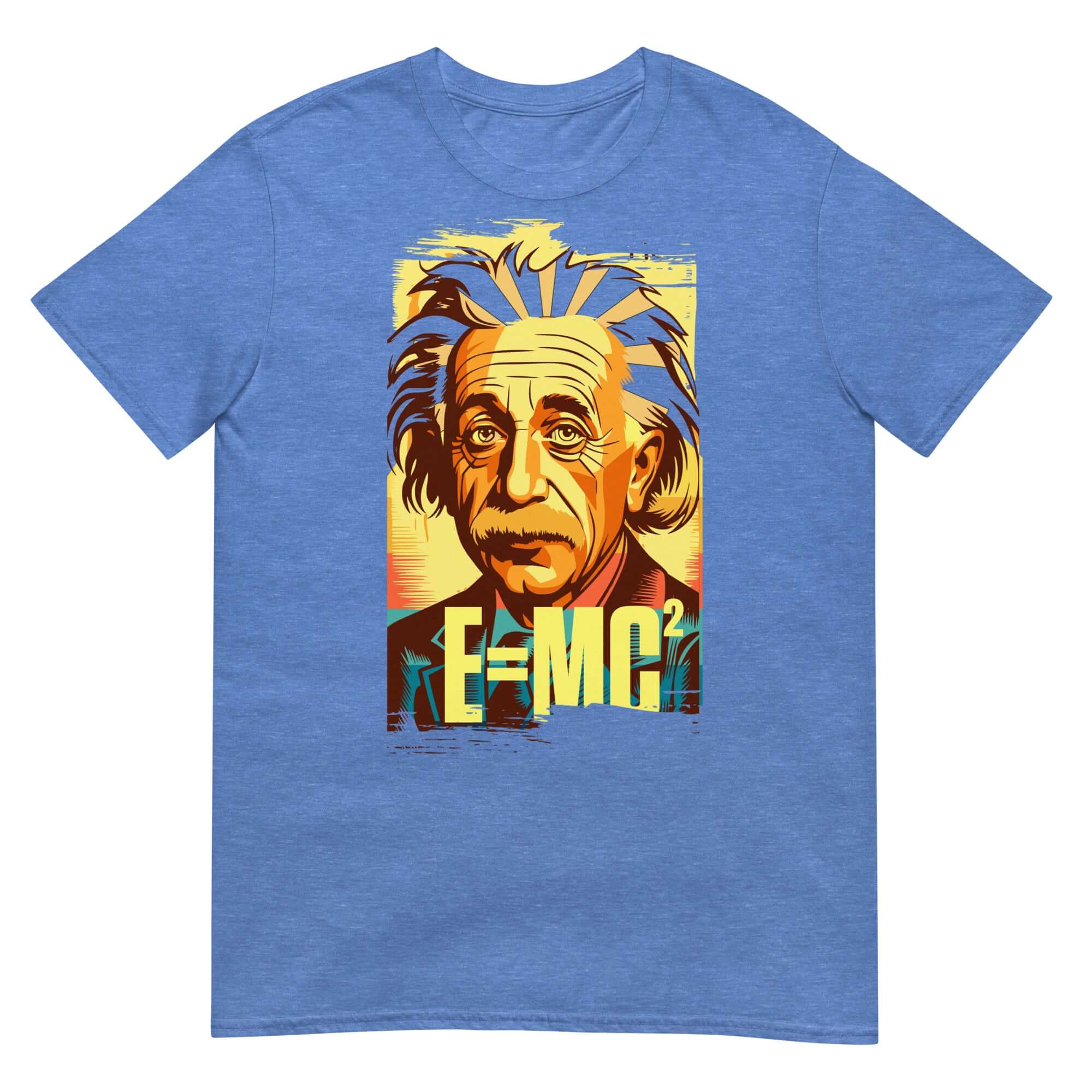 Blue t-shirt featuring Einstein portrait with E=MC² formula, symbolizing the iconic mass-energy relationship in physics.