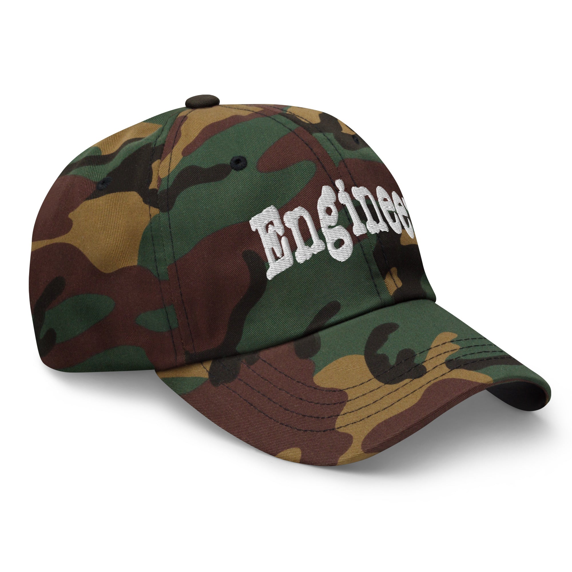 Camo 'Engineer' baseball cap with embroidered text, showcasing professional problem-solving skills in stylish headwear.