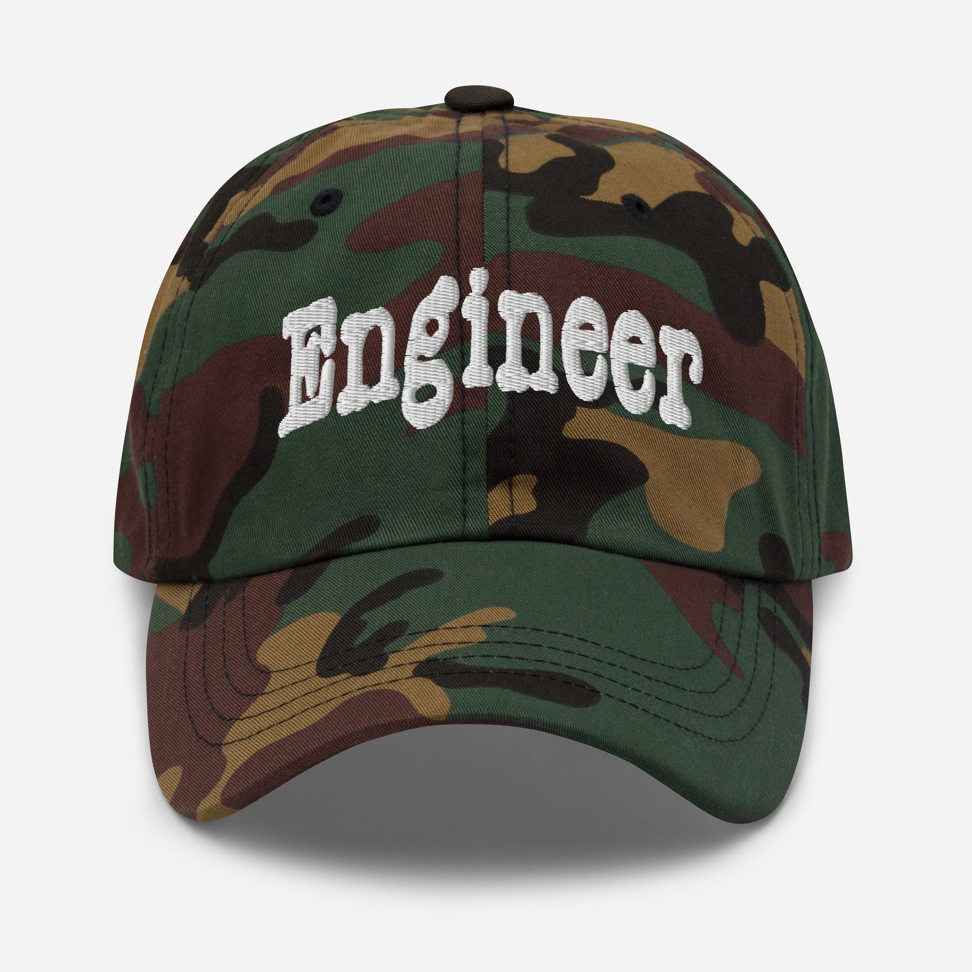 Camo Engineer Baseball Cap, ideal for stylish problem-solvers, with "Engineer" text. Show off your engineering skills and style.