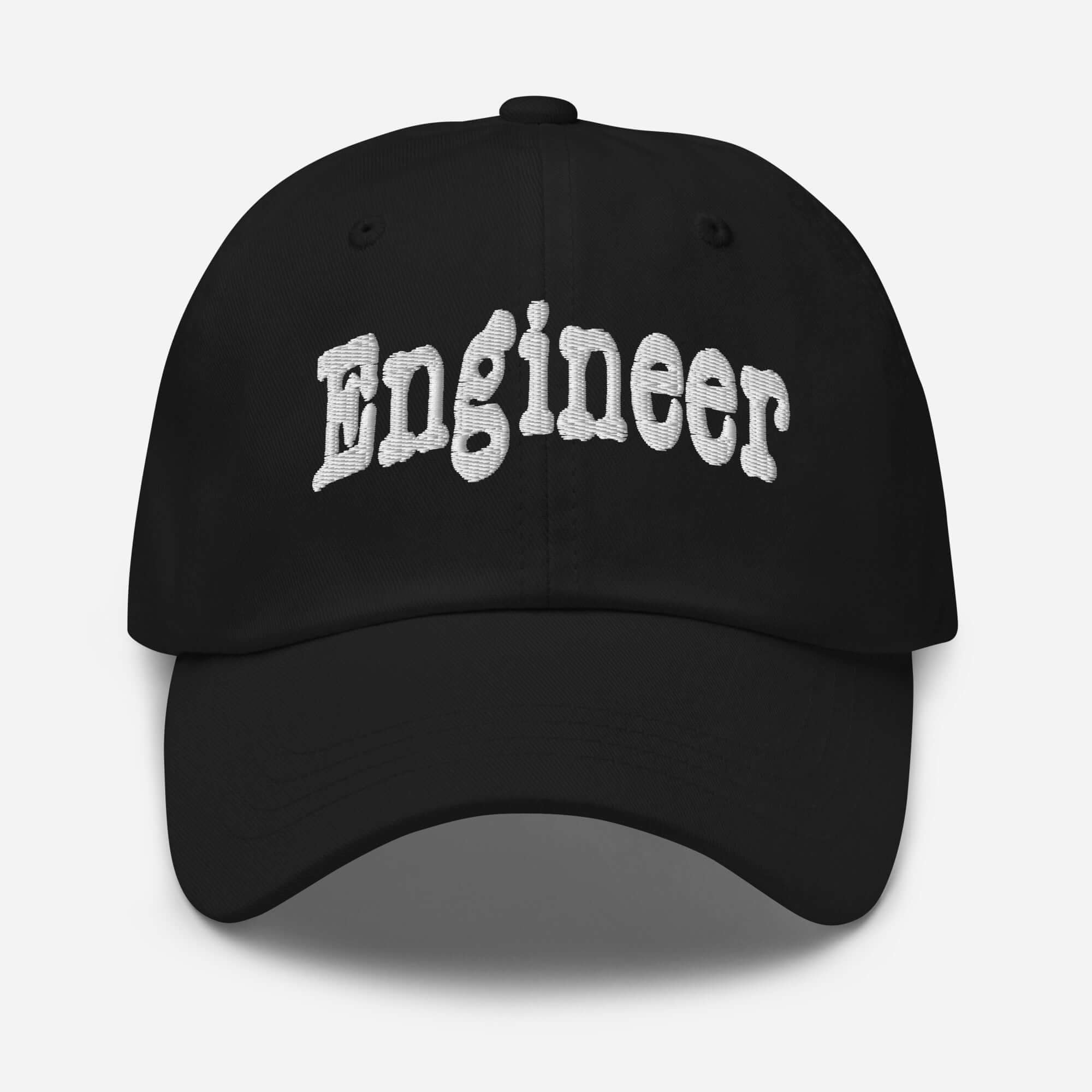 Black "Engineer" baseball cap for professional problem-solving, showcasing bold text and sleek design for optimal style and function.