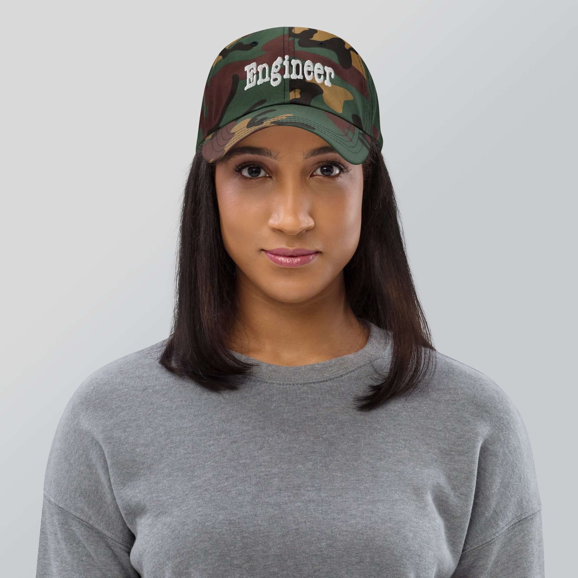 Alt Tag: Camo Engineer Baseball Cap for problem-solving professionals, featuring bold text and stylish design for everyday wear.