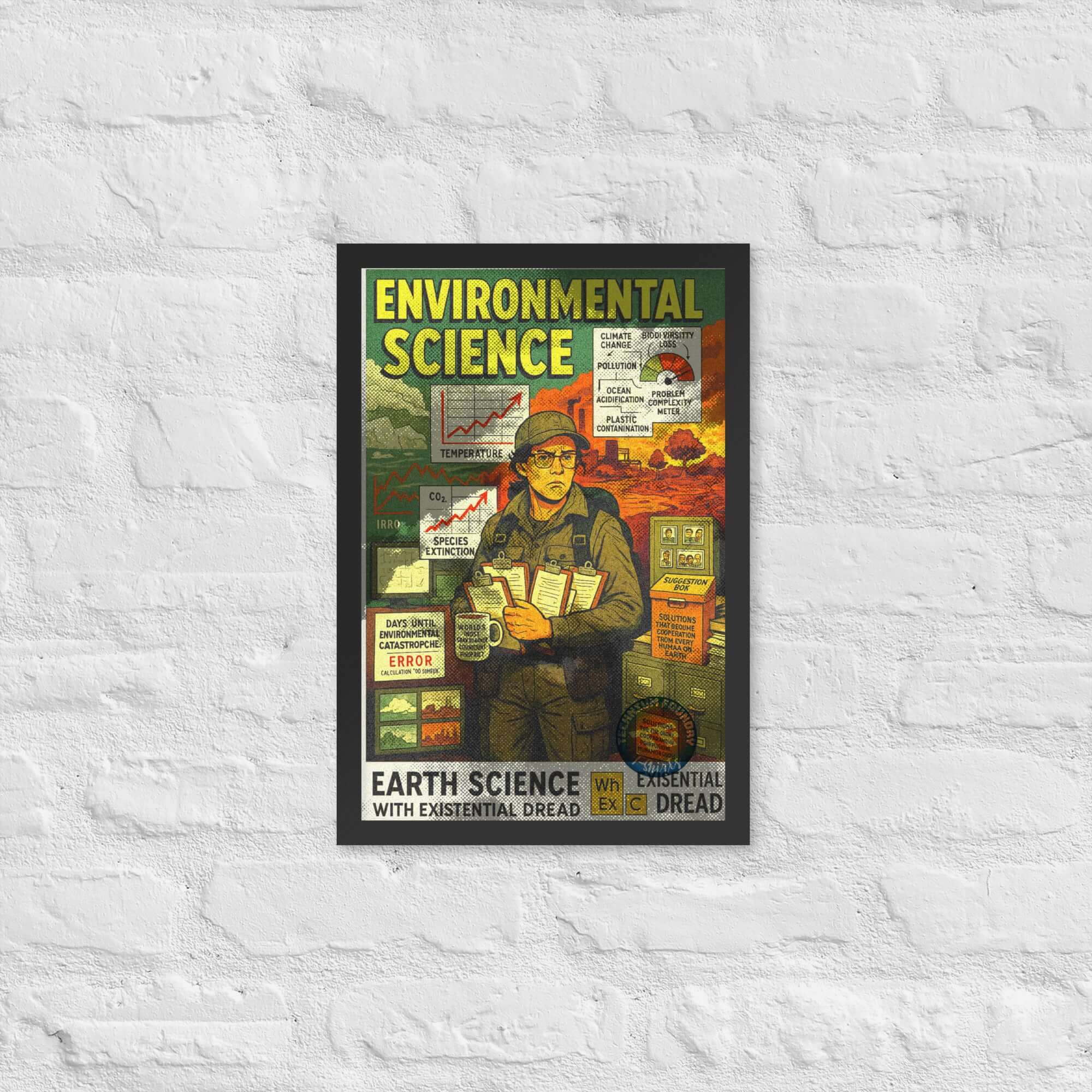 Environmental Science wall poster featuring vintage style design, highlighting Earth's health concerns with existential themes.