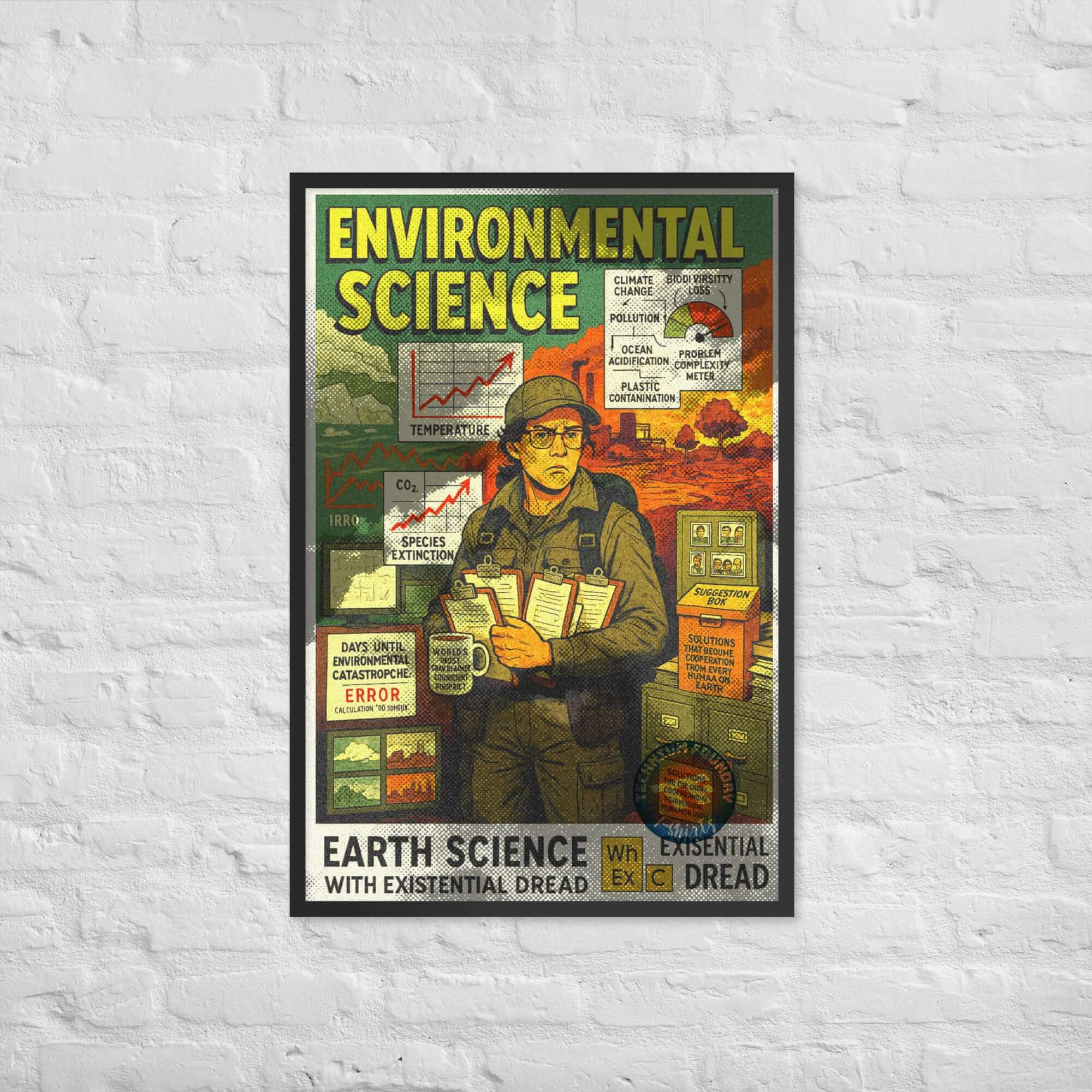 Environmental Science vintage poster with existential dread theme, featuring graphs and planetary health assessment.