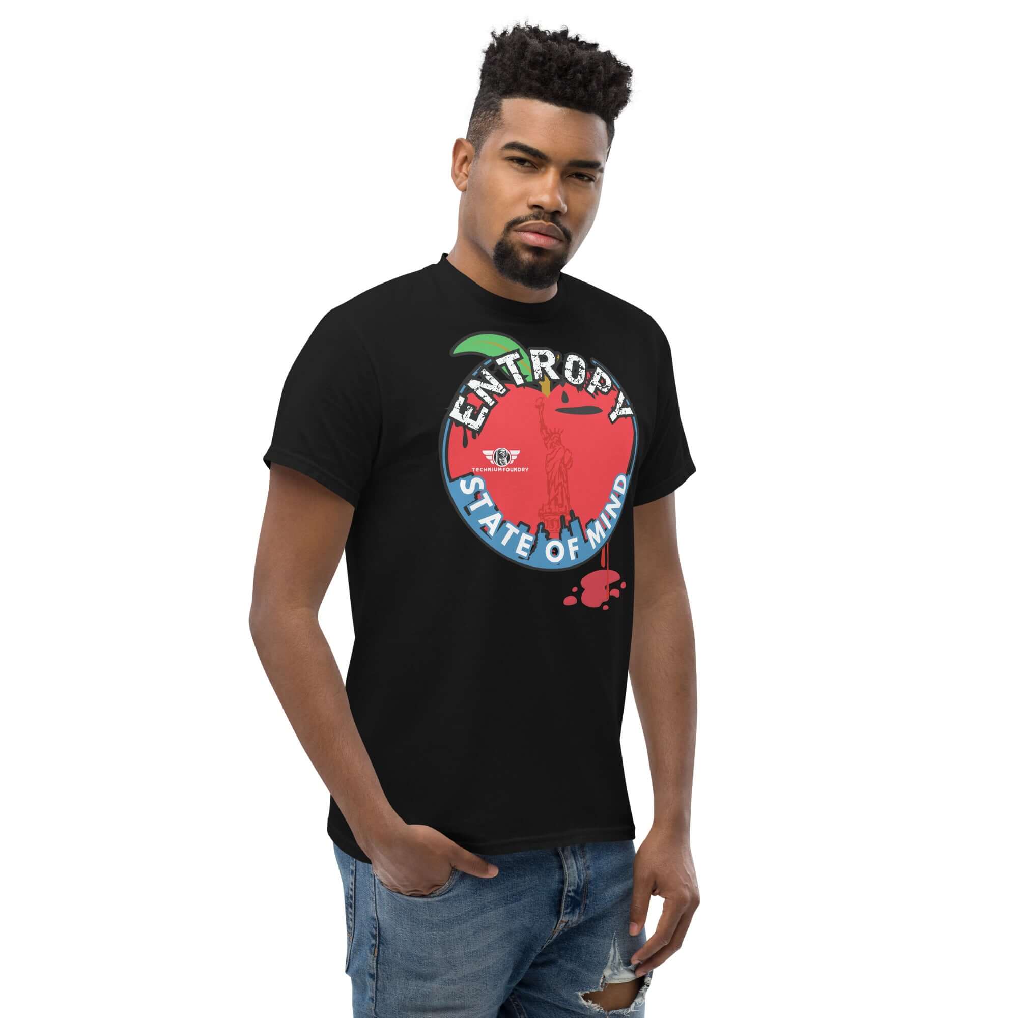 Man wearing 'Entropy State of Mind' t-shirt with NYC thermodynamics theme, featuring Lady Liberty and apple design for physics humor fans.