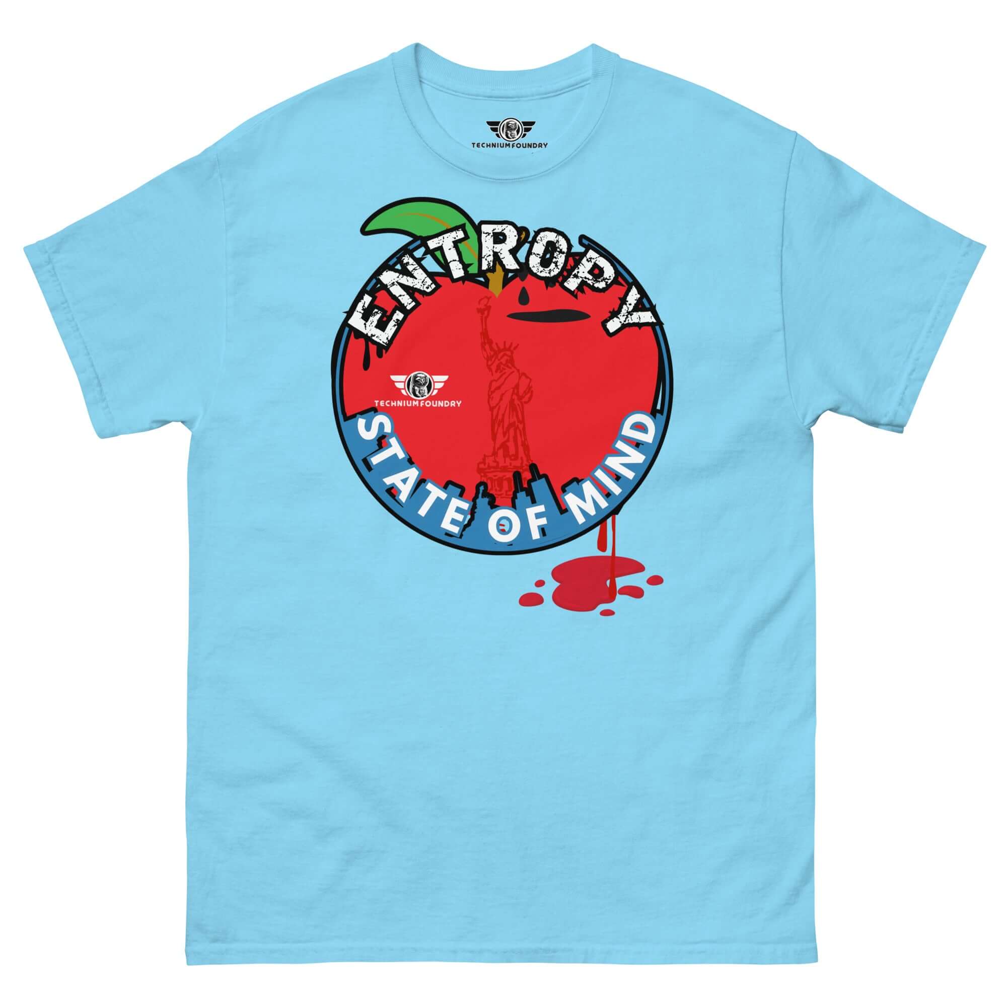Blue "Entropy State of Mind" t-shirt featuring NYC and thermodynamics humor with Lady Liberty and chaos theory design.