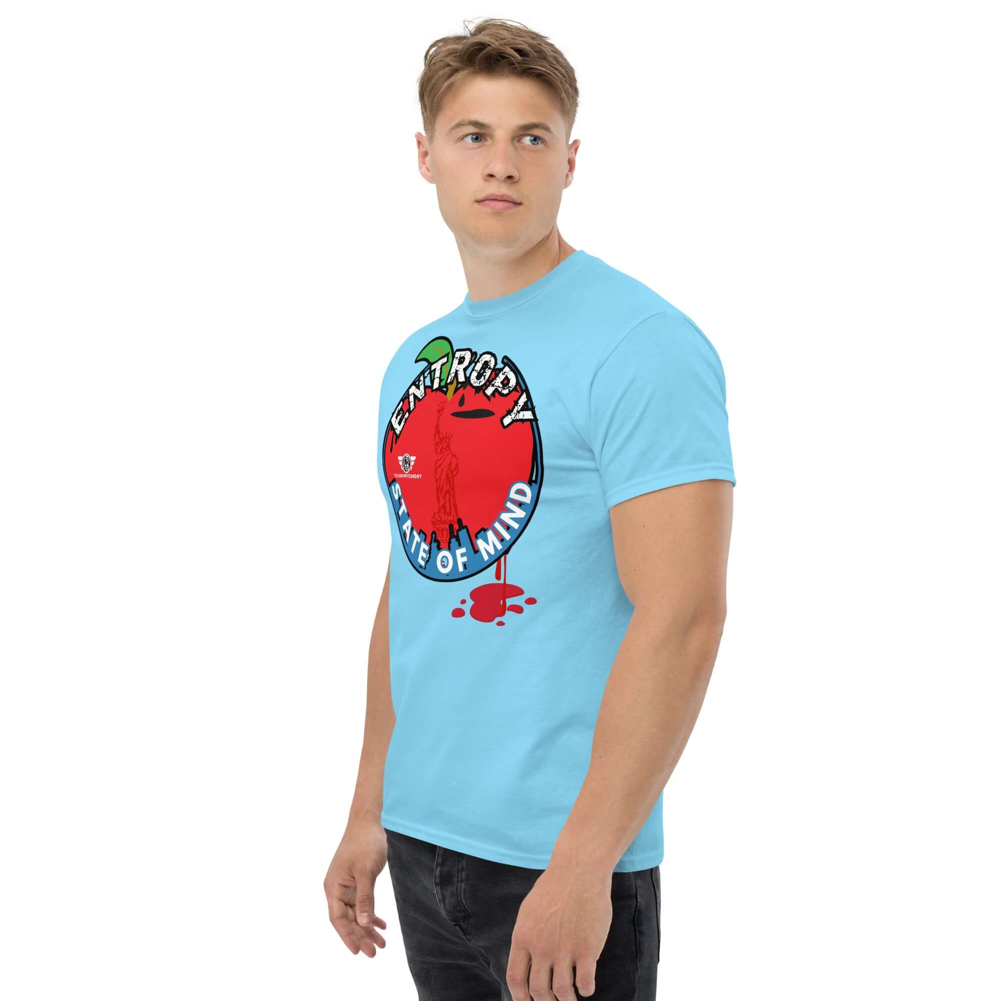 Man wearing Entropy State of Mind NYC Thermodynamics T-Shirt with physics humor design.