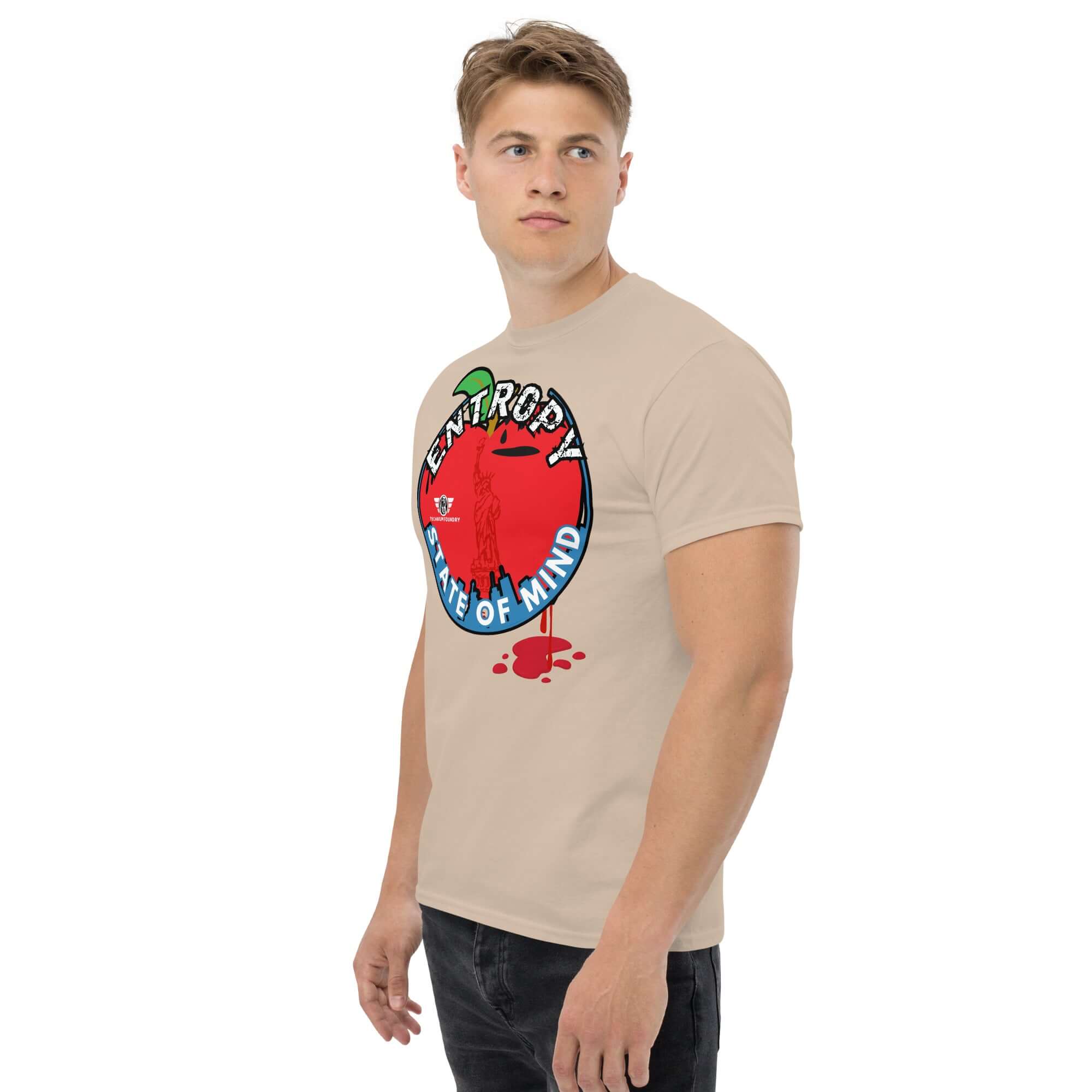 Entropy State of Mind NYC Thermodynamics T-Shirt with Lady Liberty graphic, humorously depicting the Second Law of Thermodynamics.