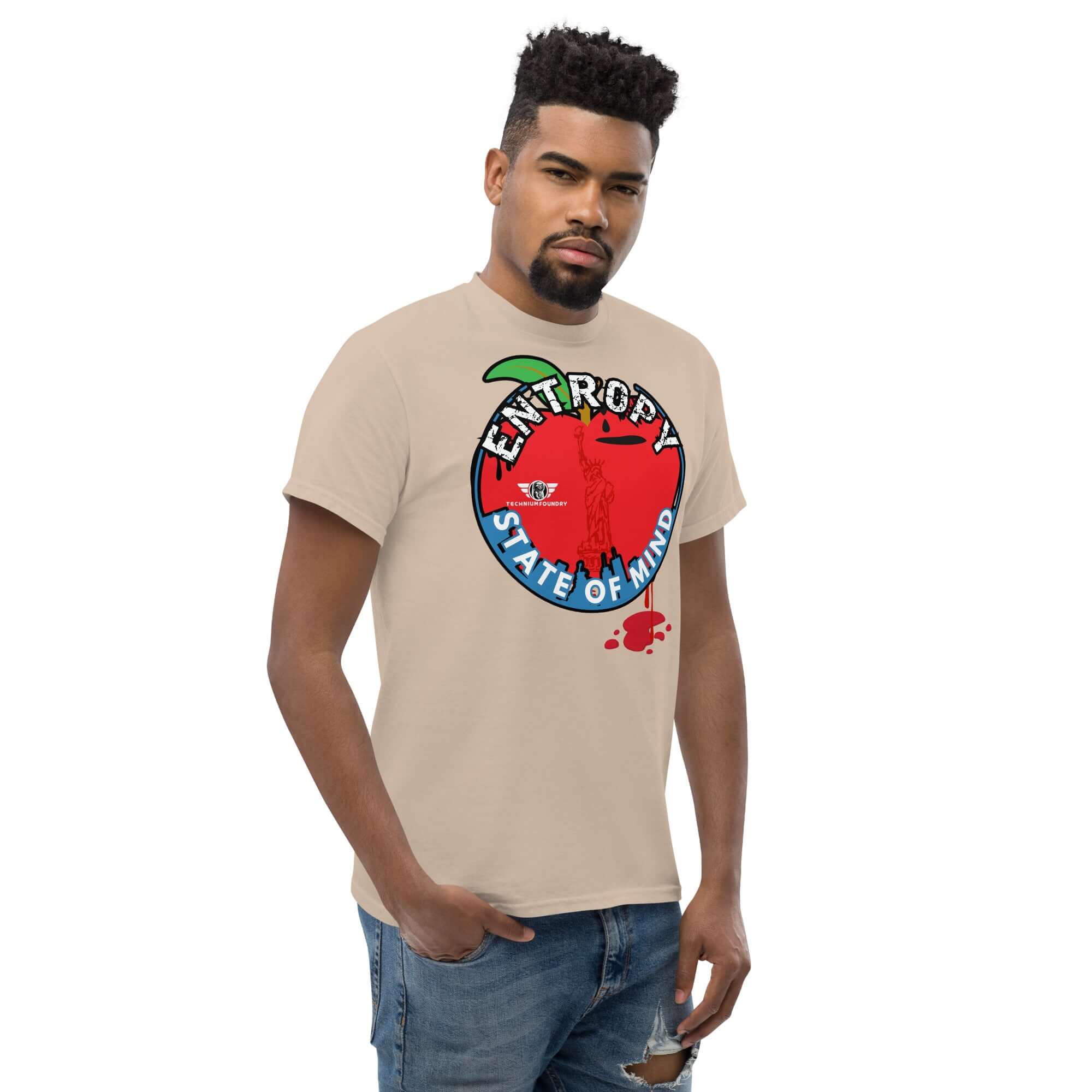 Man wearing 'Entropy State of Mind' NYC Thermodynamics T-shirt, featuring the Statue of Liberty and Big Apple physics humor design.