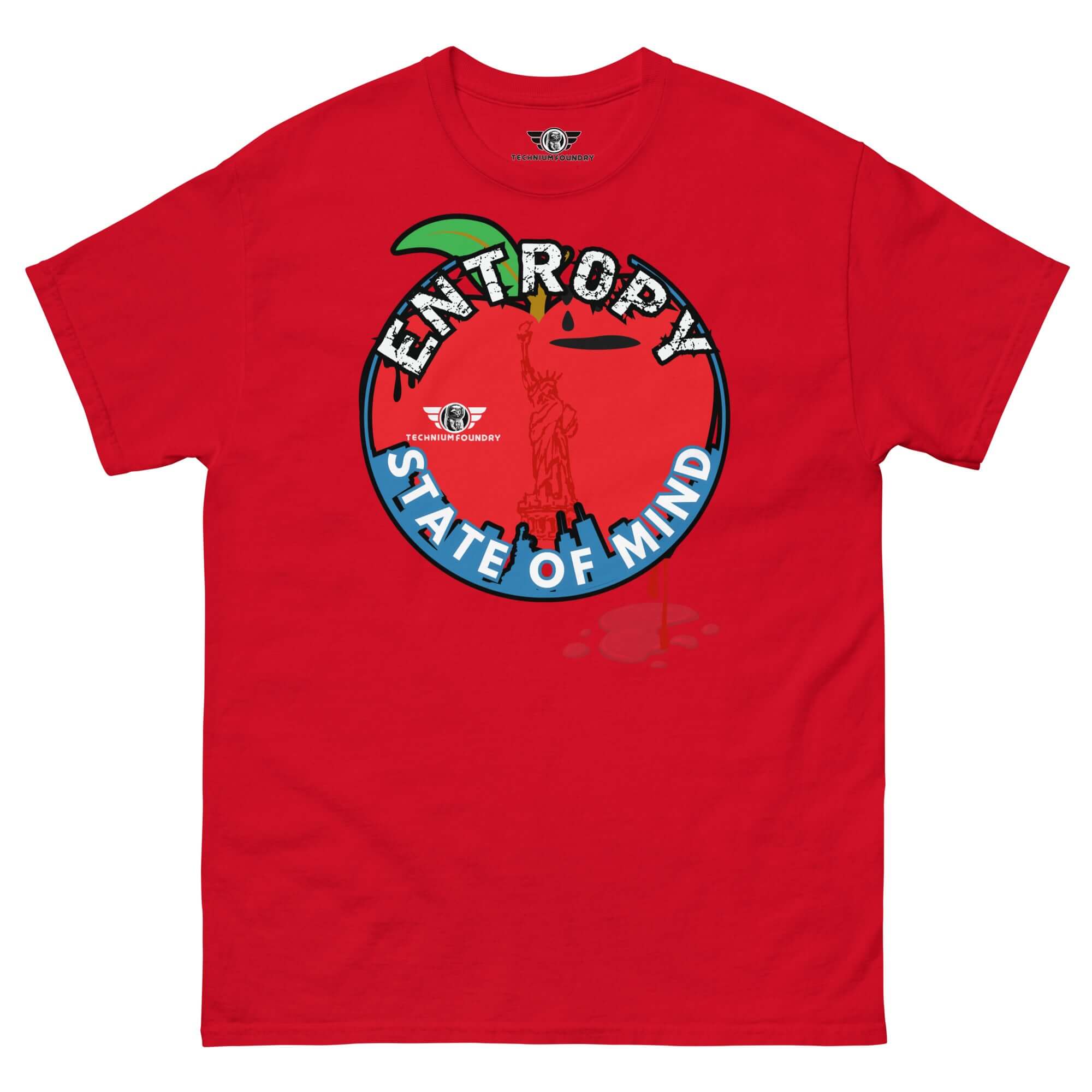 Red "Entropy State of Mind" t-shirt featuring Lady Liberty and NYC skyline, combining thermodynamics and Big Apple humor.
