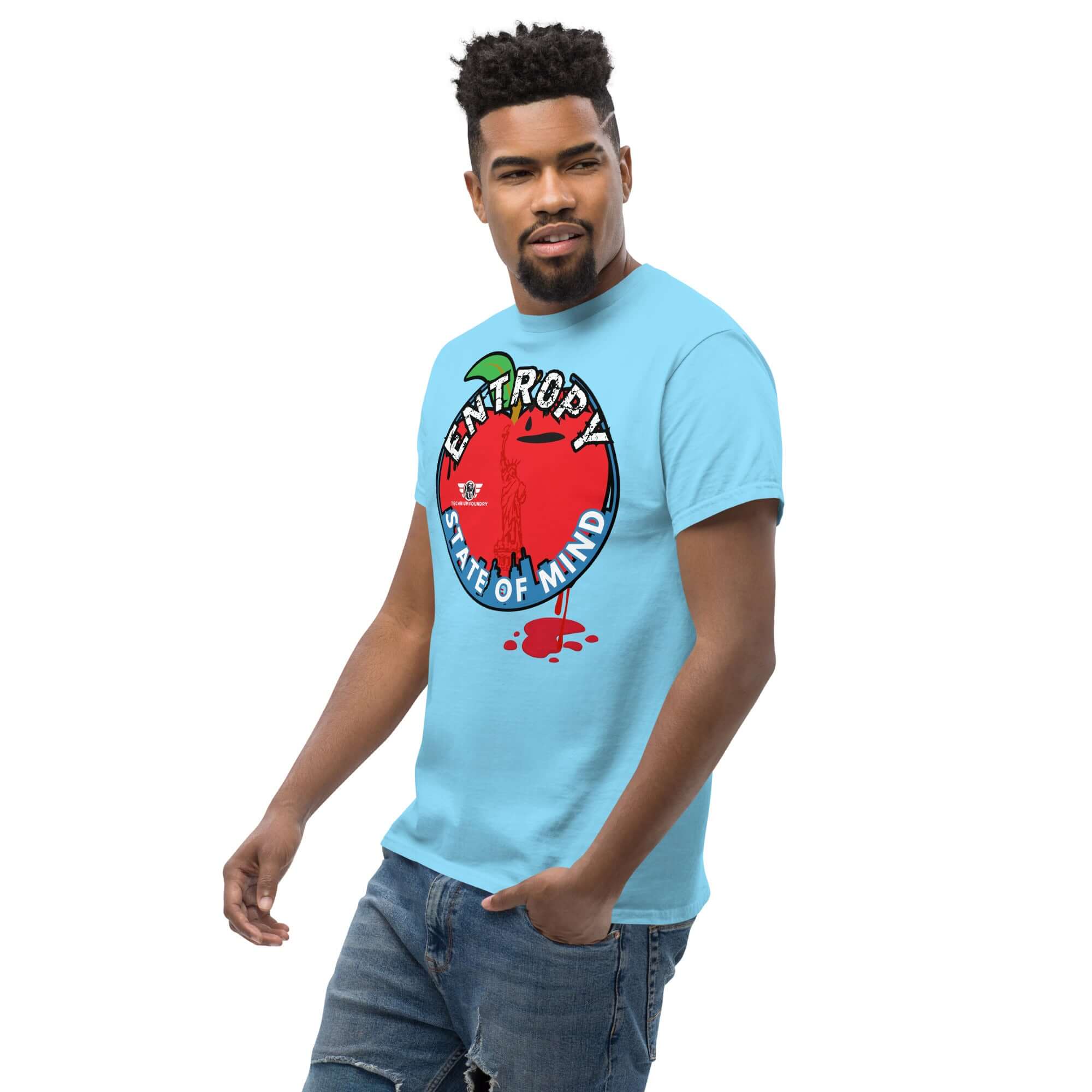 Man wearing 'Entropy State of Mind' NYC-themed thermodynamics humor t-shirt with Lady Liberty graphic.