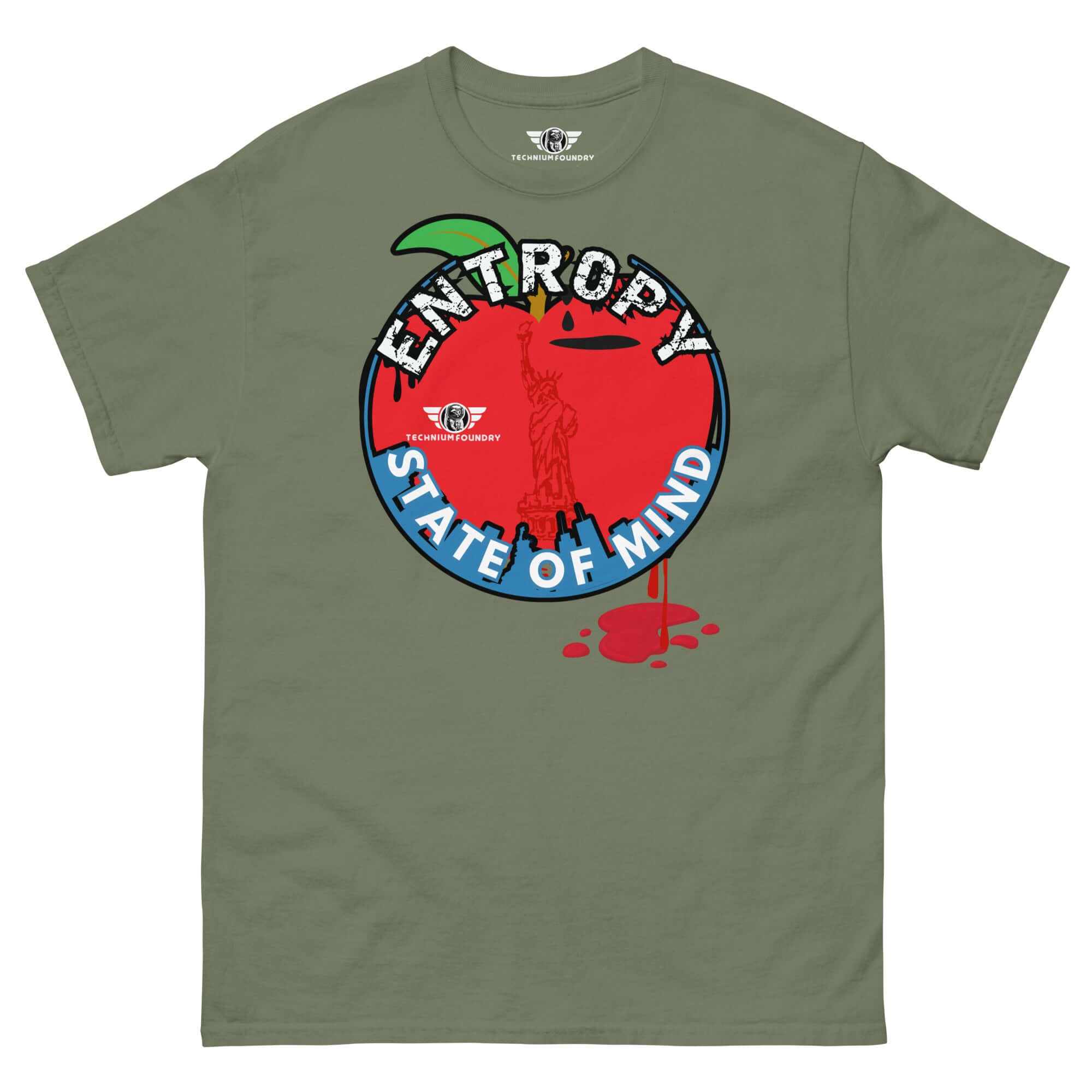Green T-shirt featuring "Entropy State of Mind" design with Lady Liberty and a red apple, combining NYC and thermodynamics humor.