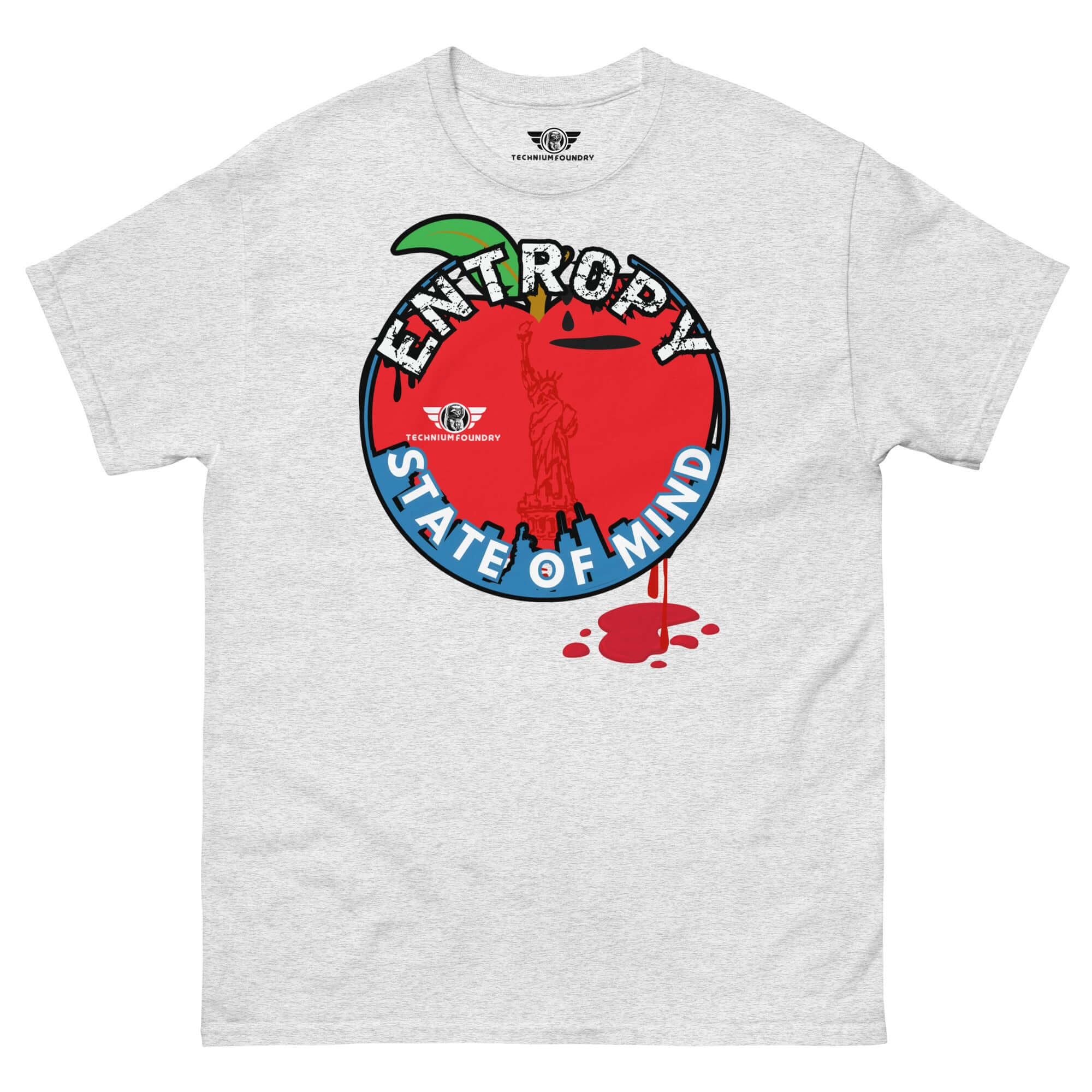 Entropy State of Mind NYC t-shirt featuring Liberty and thermodynamics design, physics humor apparel