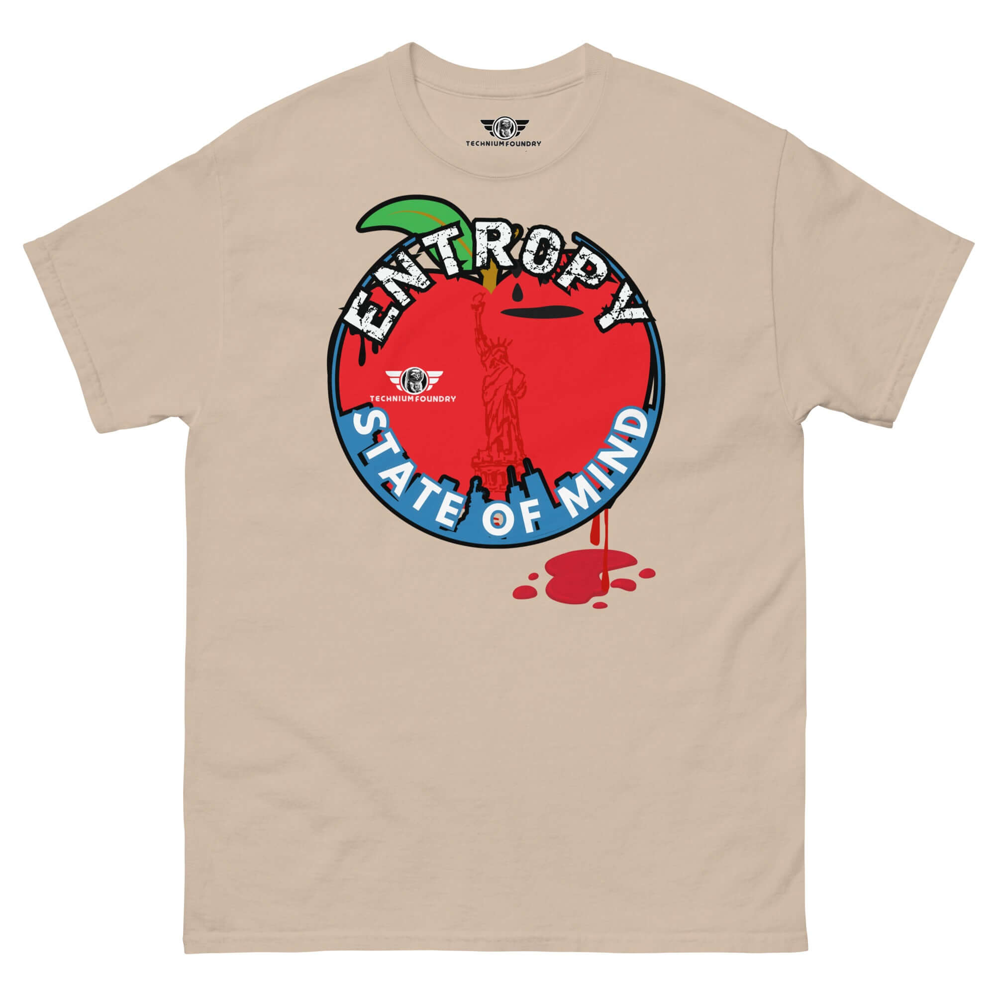 Entropy State of Mind NYC Thermodynamics T-shirt featuring Lady Liberty and chaos theory design in beige.