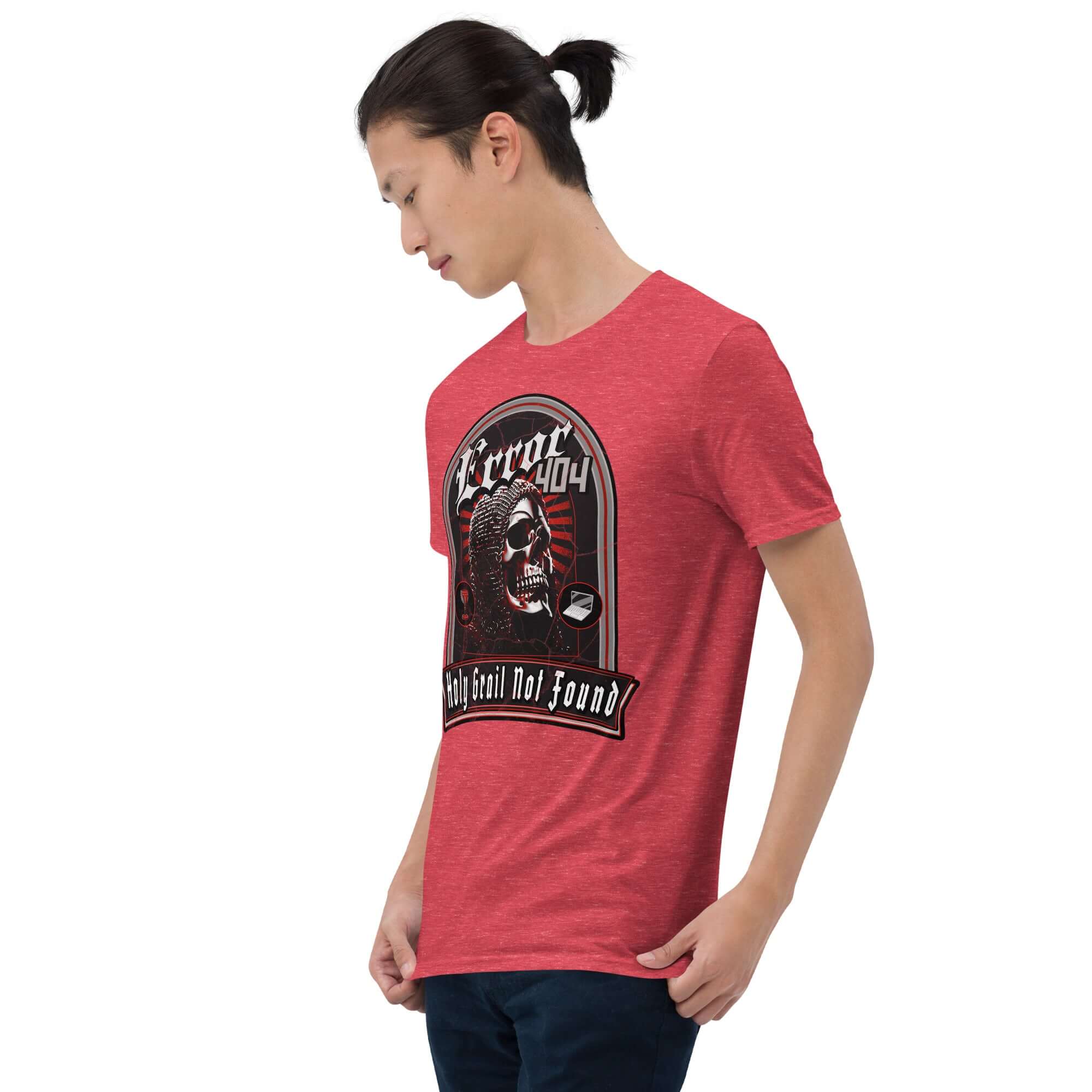 Model wearing a red 'Error 404: Holy Grail Not Found' t-shirt featuring a humorous medieval skeleton design.