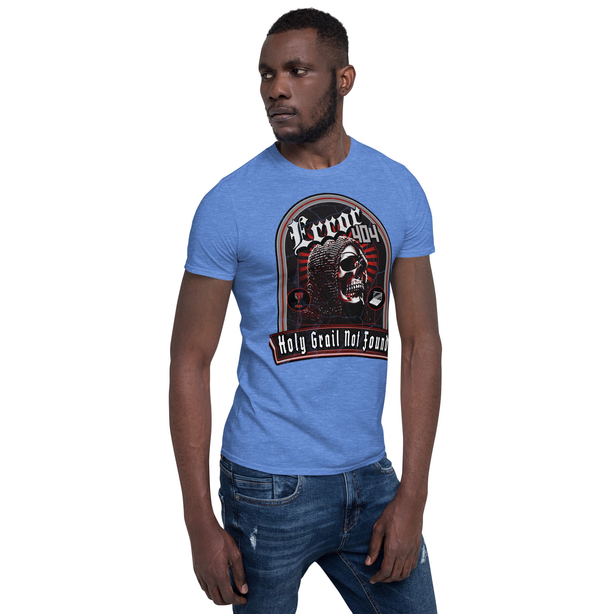 Man wearing "Error 404: Holy Grail Not Found" t-shirt with medieval web humor design.