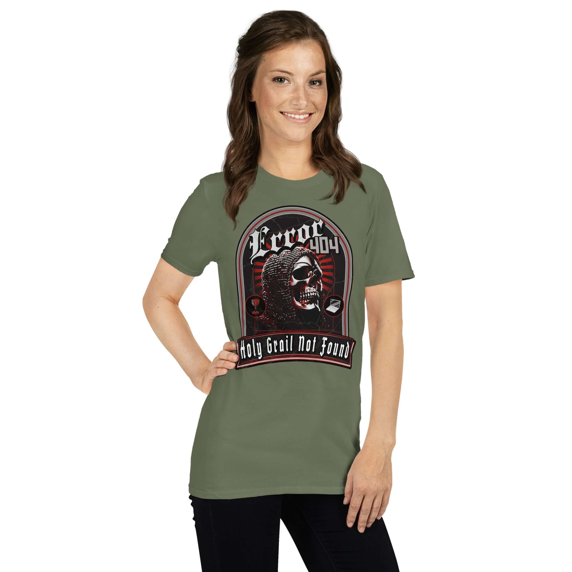 Error 404 Holy Grail Not Found T-shirt featuring a chainmail skeleton, blending medieval humor with web errors.