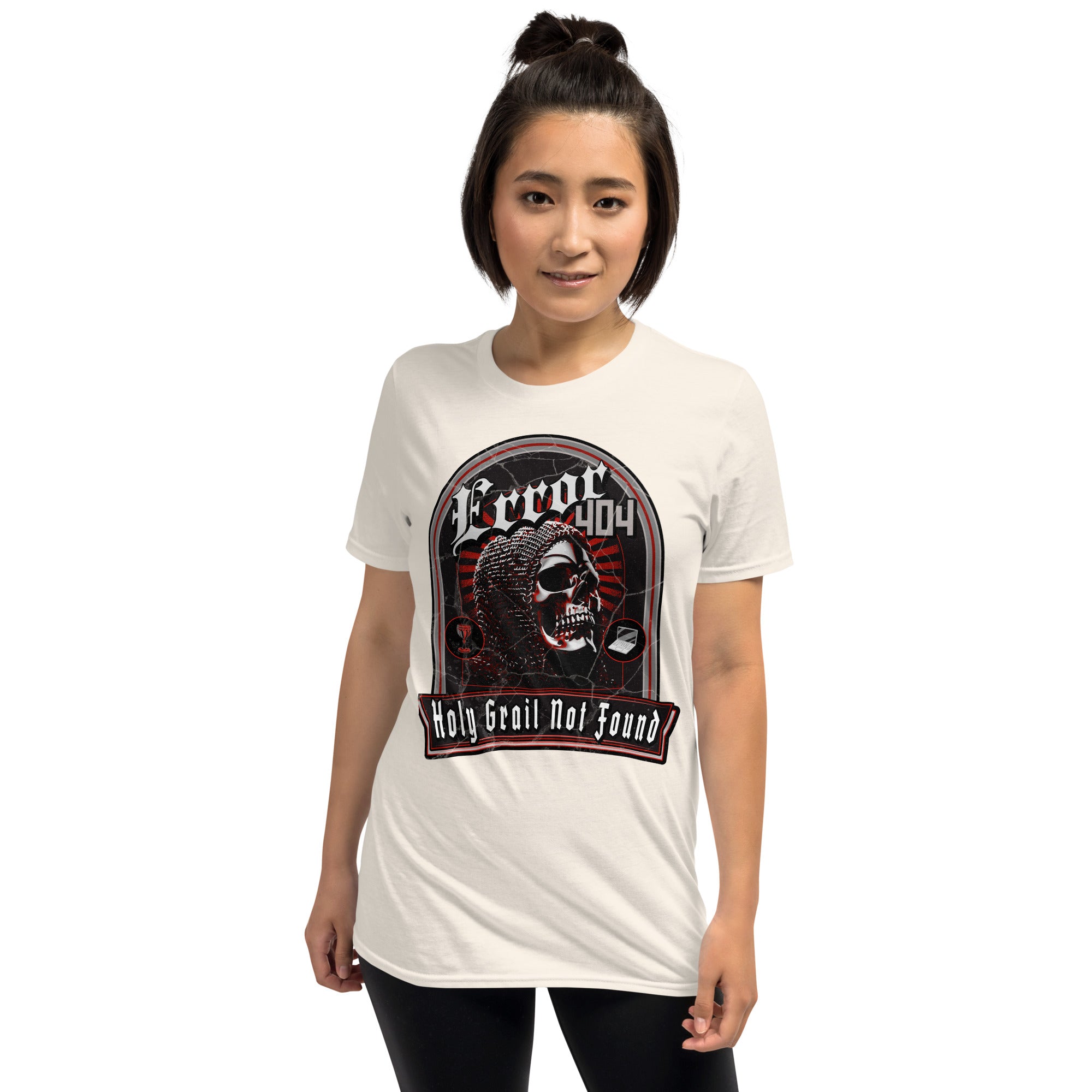 Woman wearing 'Error 404: Holy Grail Not Found' t-shirt with medieval chainmail skeleton design, blending web humor with knightly quests.