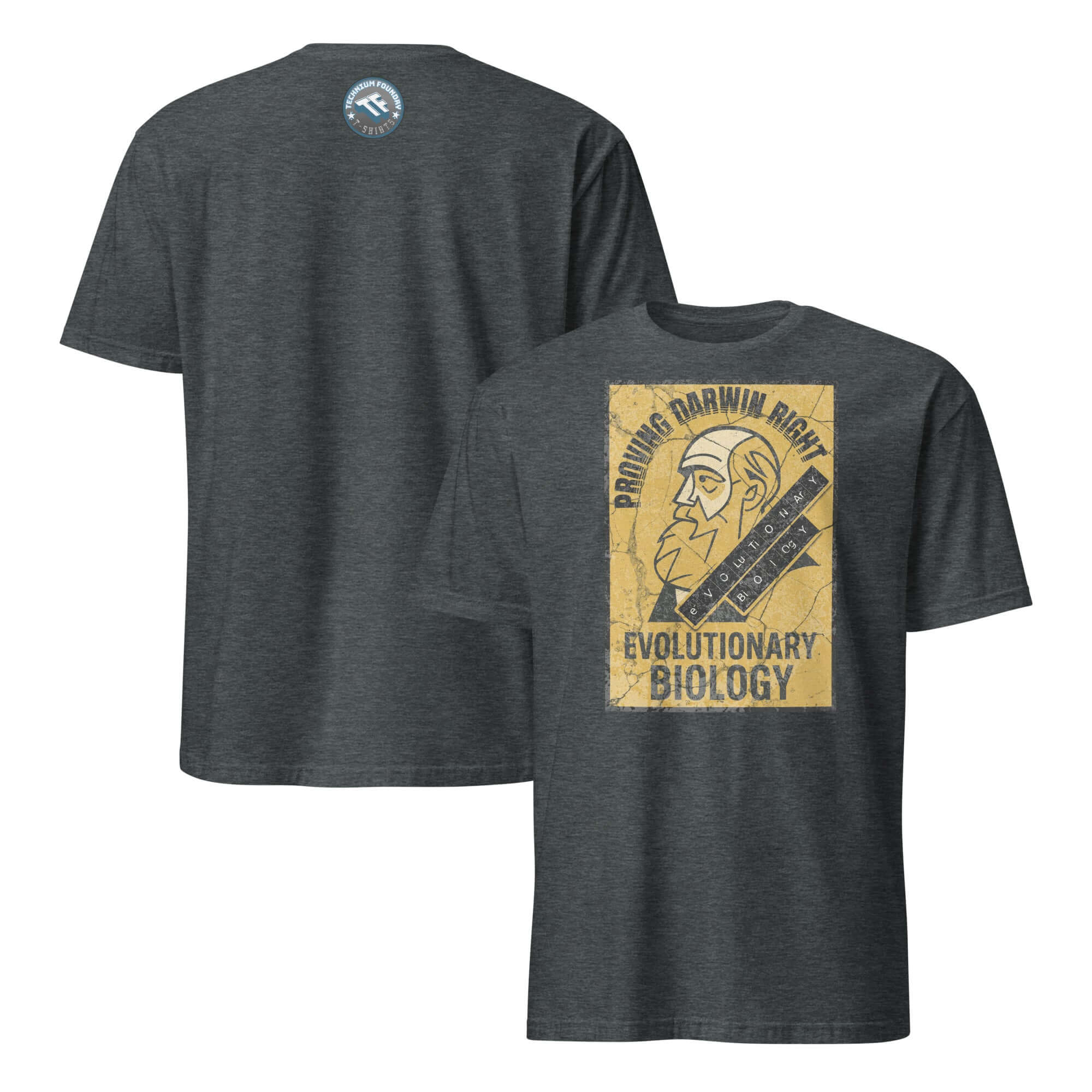Evolutionary Biology T-Shirt featuring "Proving Darwin Right" vintage design on front, gray fabric, perfect for science enthusiasts.