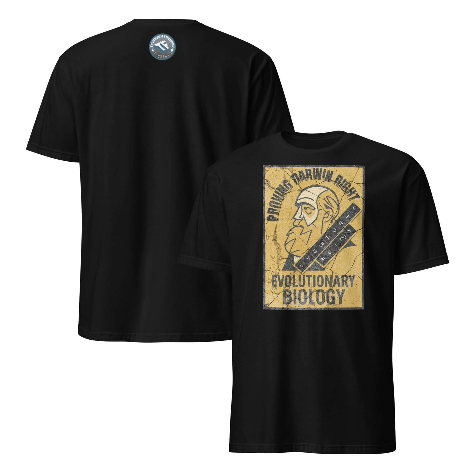 Black Evolutionary Biology T-shirt with vintage design, featuring text 'Proving Darwin Right Repeatedly Forever.'