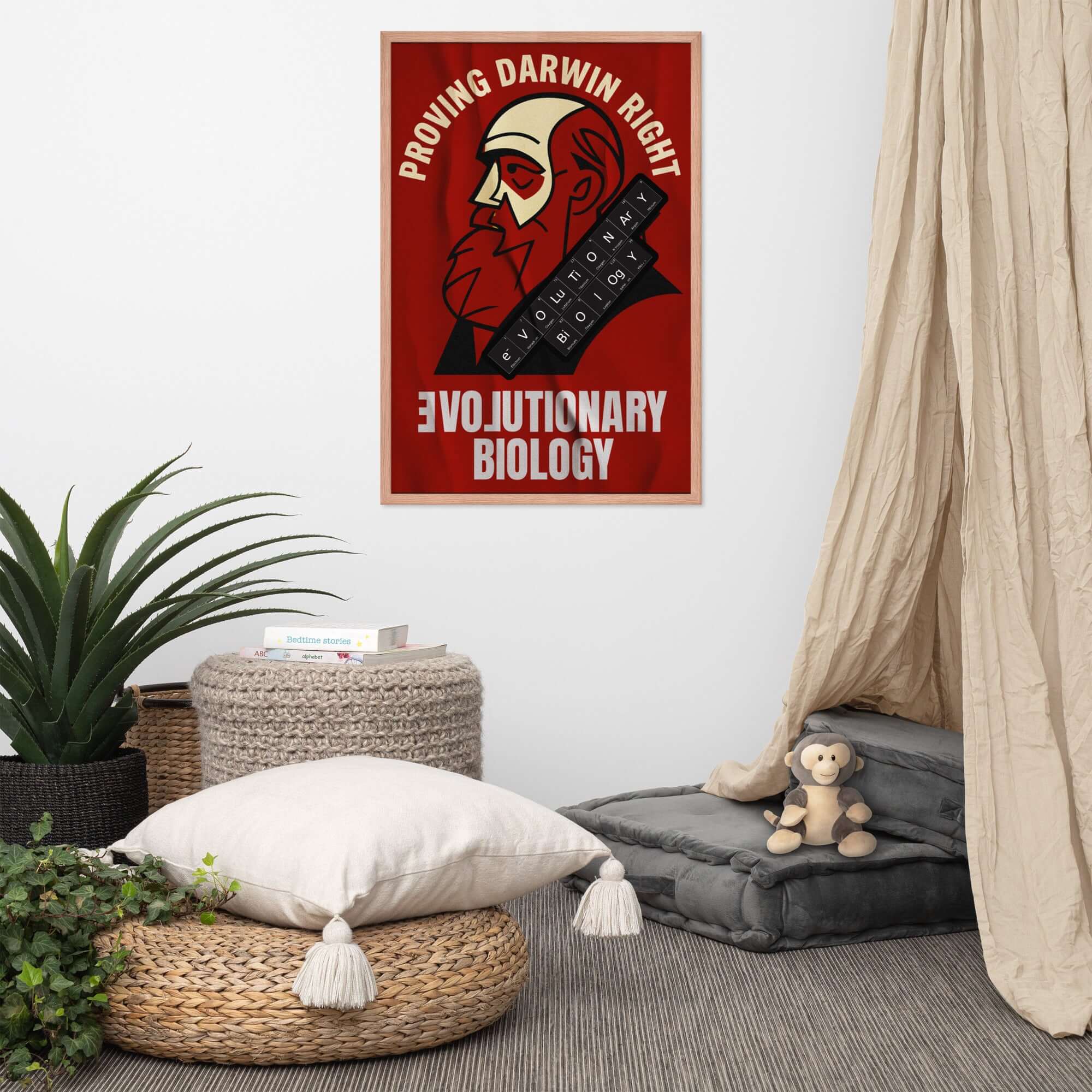 Evolutionary Biology wall poster promoting Darwin's theories, in a cozy room setting, featuring retro-style art and home decor.