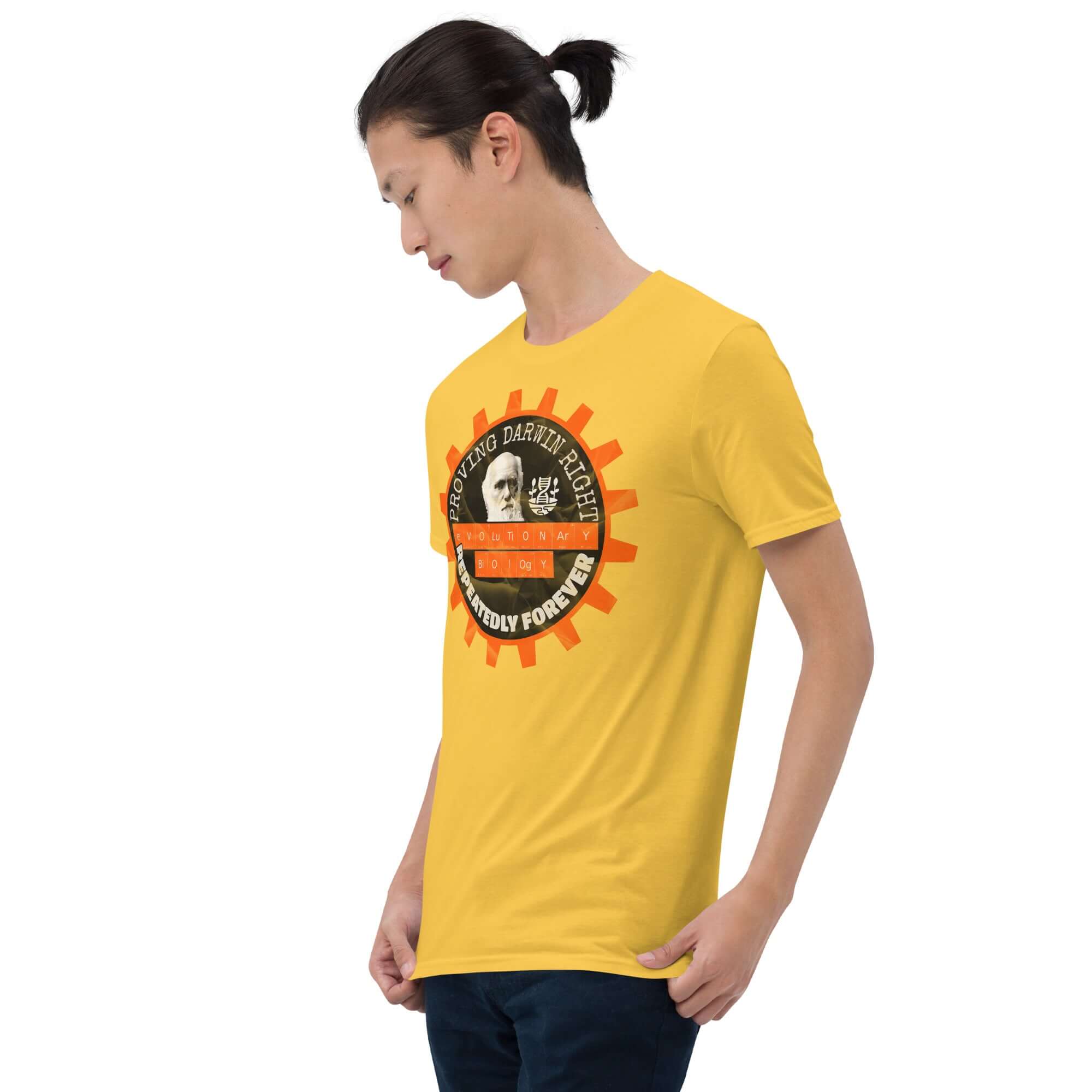Yellow t-shirt featuring 'Proving Darwin Right, Repeatedly Forever' design, highlighting evolutionary biology and Darwin's natural selection.