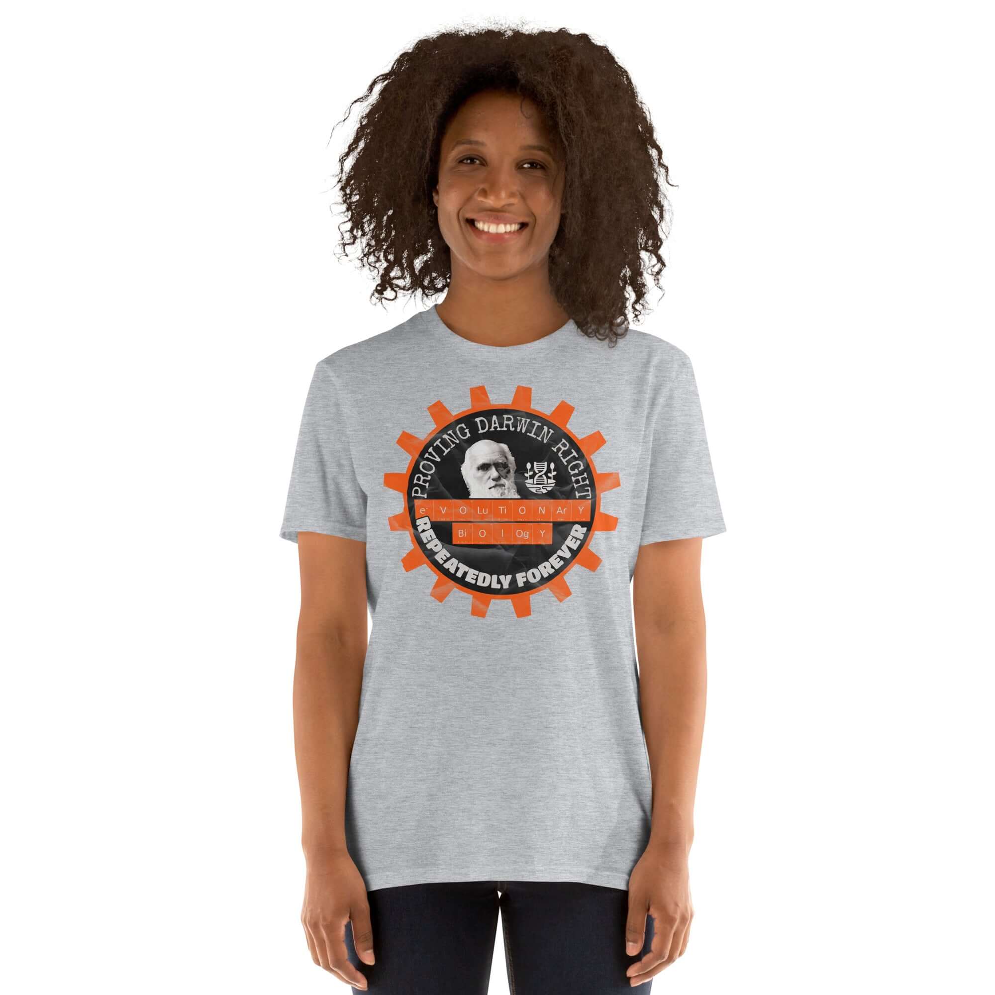 Woman wearing Evolutionary Biology T-Shirt with 'Proving Darwin Right Repeatedly Forever' design featuring Darwin's image.