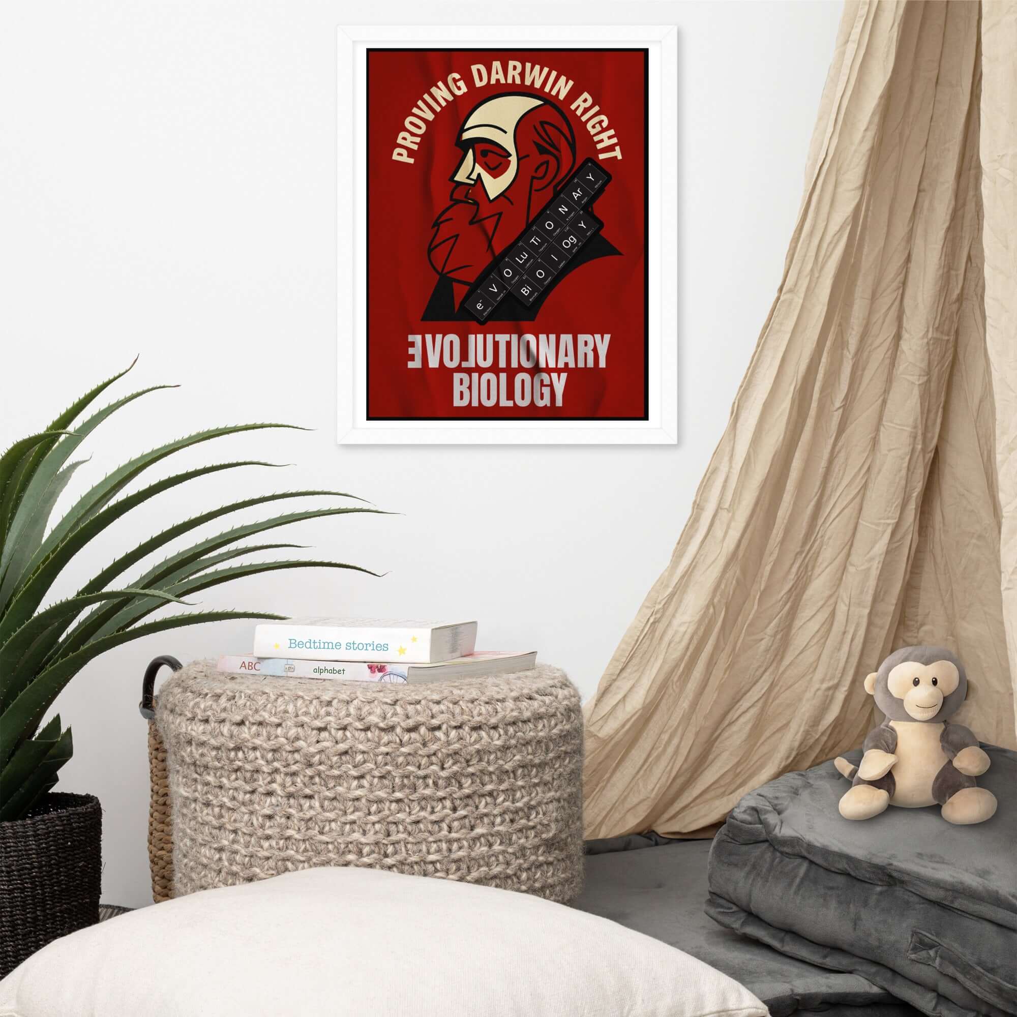 Evolutionary Biology wall poster proving Darwin right, displayed in a cozy living room setting.