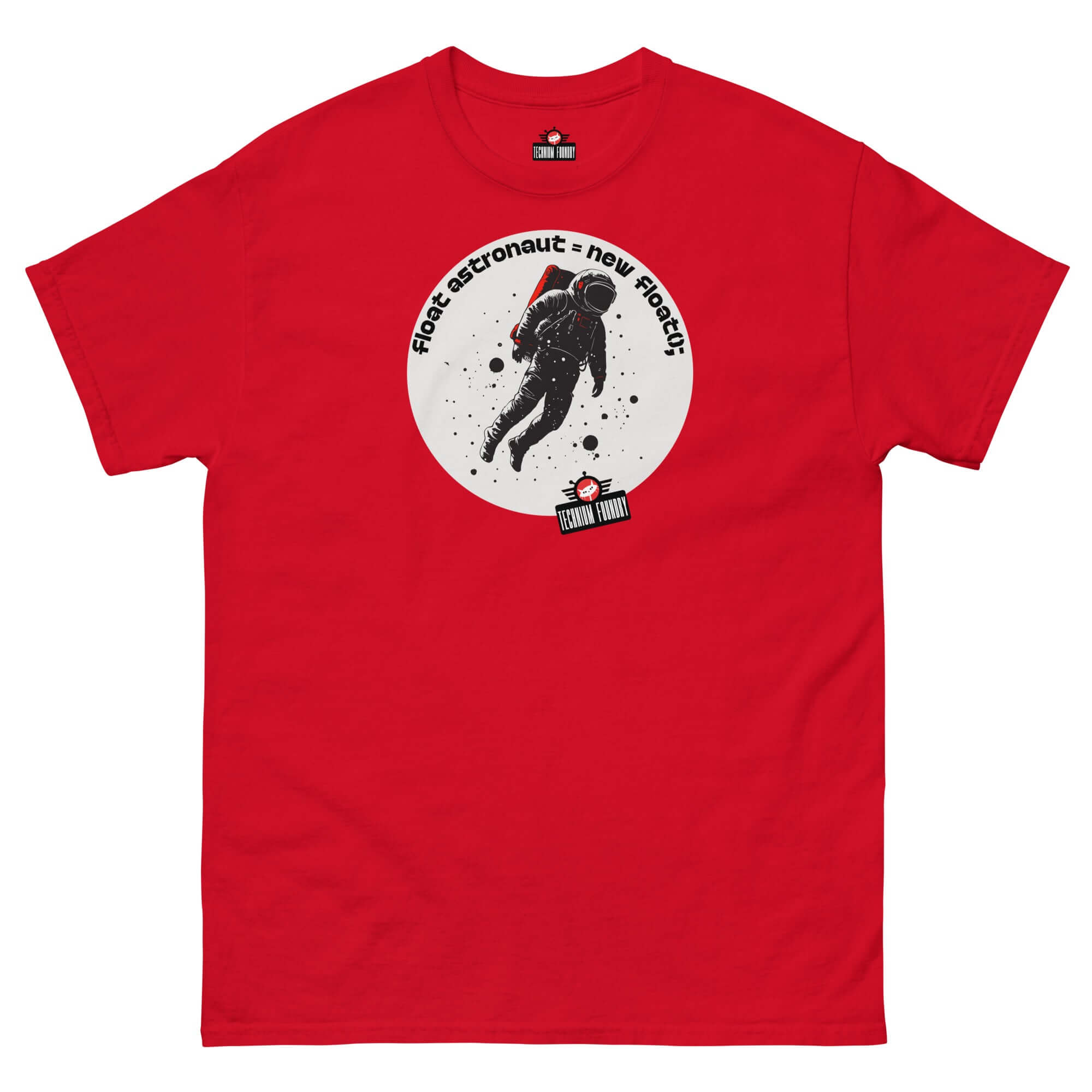 Red T-shirt featuring an astronaut with the text "First Astronaut = New Branch();" by Technium Foundry, perfect for coding enthusiasts.