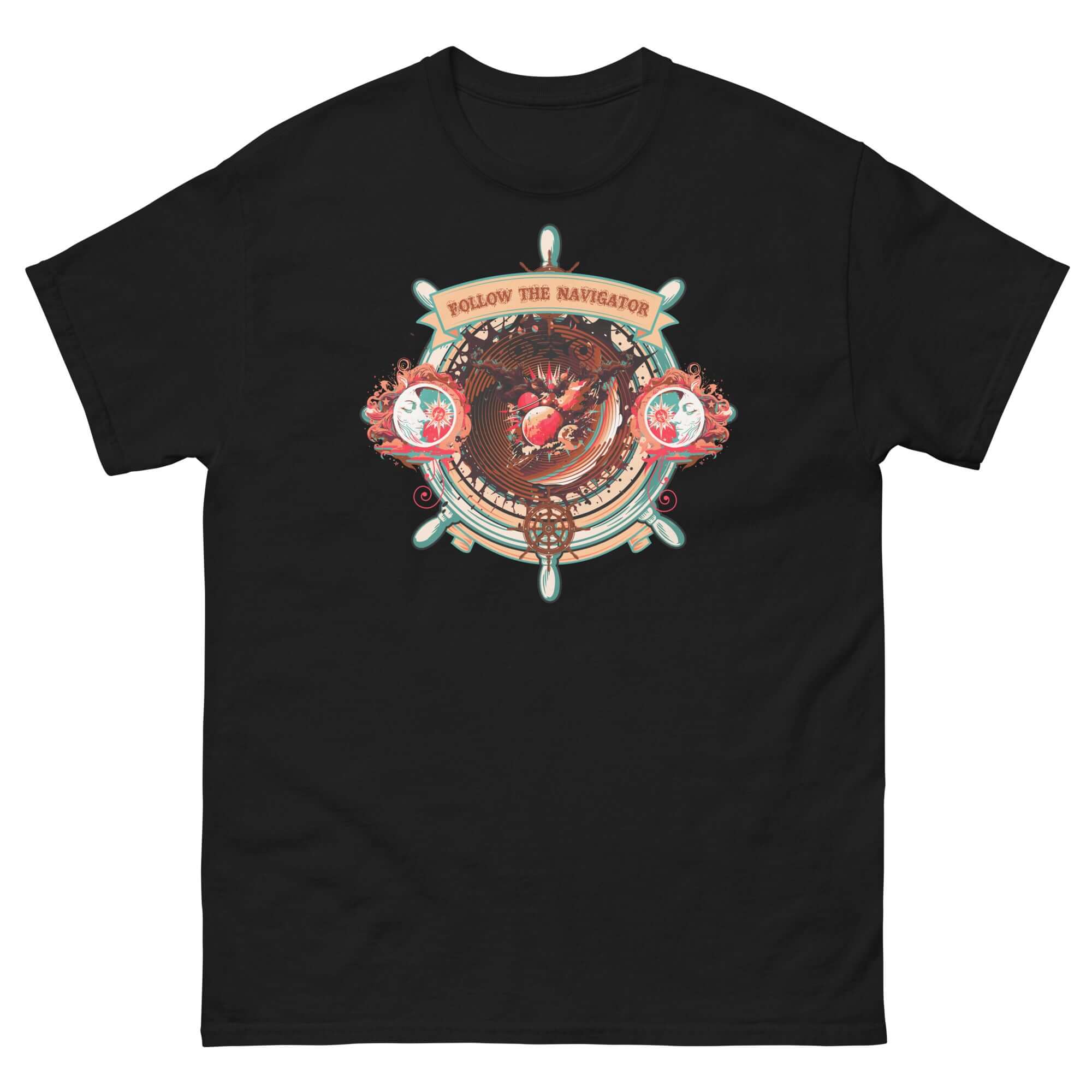 Nautical celestial t-shirt with ship's wheel and cosmic compass design, features "Follow The Navigator" text, black background.