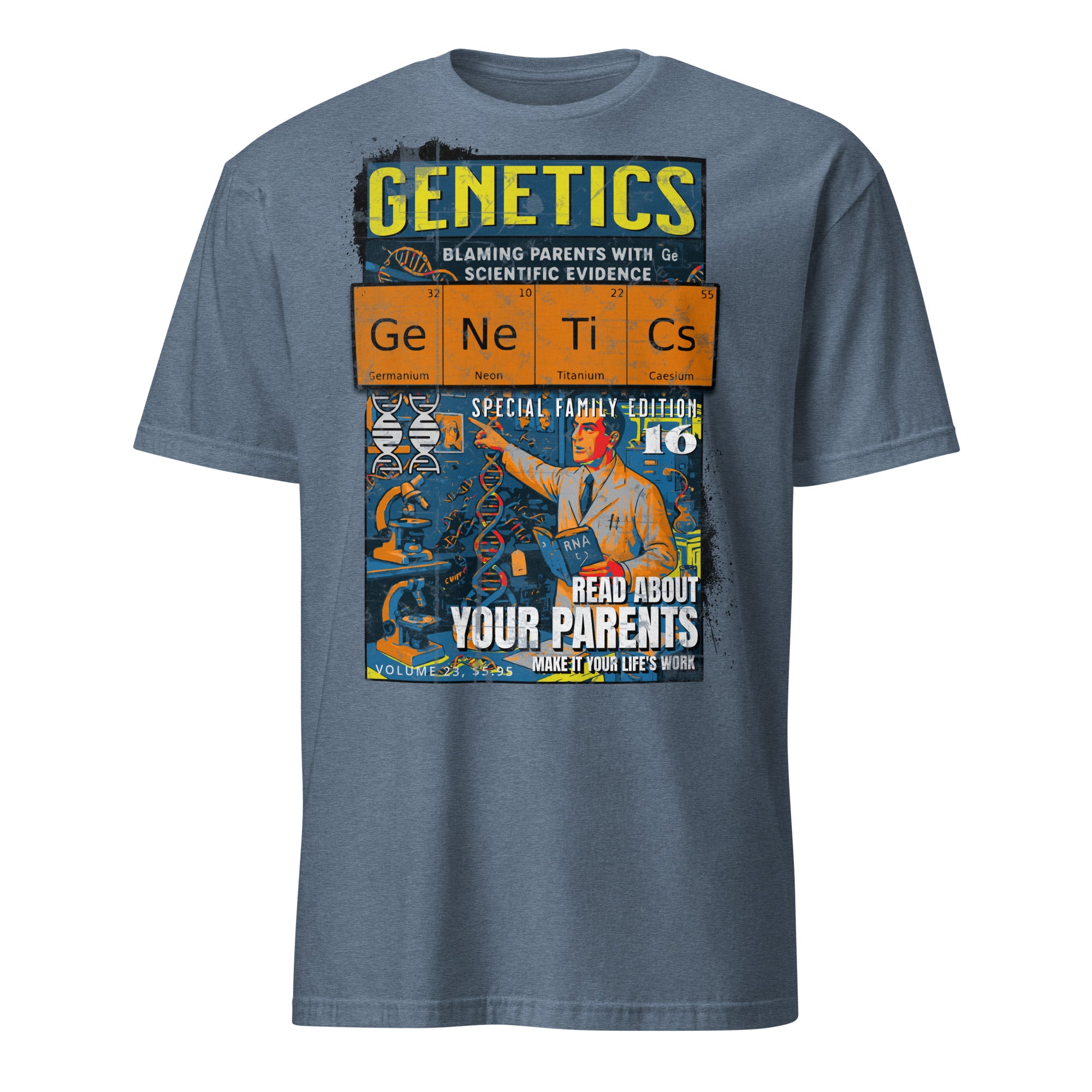 Vintage-style Genetics T-Shirt with retro comic cover design, humorously blaming parents for genetic traits. Perfect for science enthusiasts.