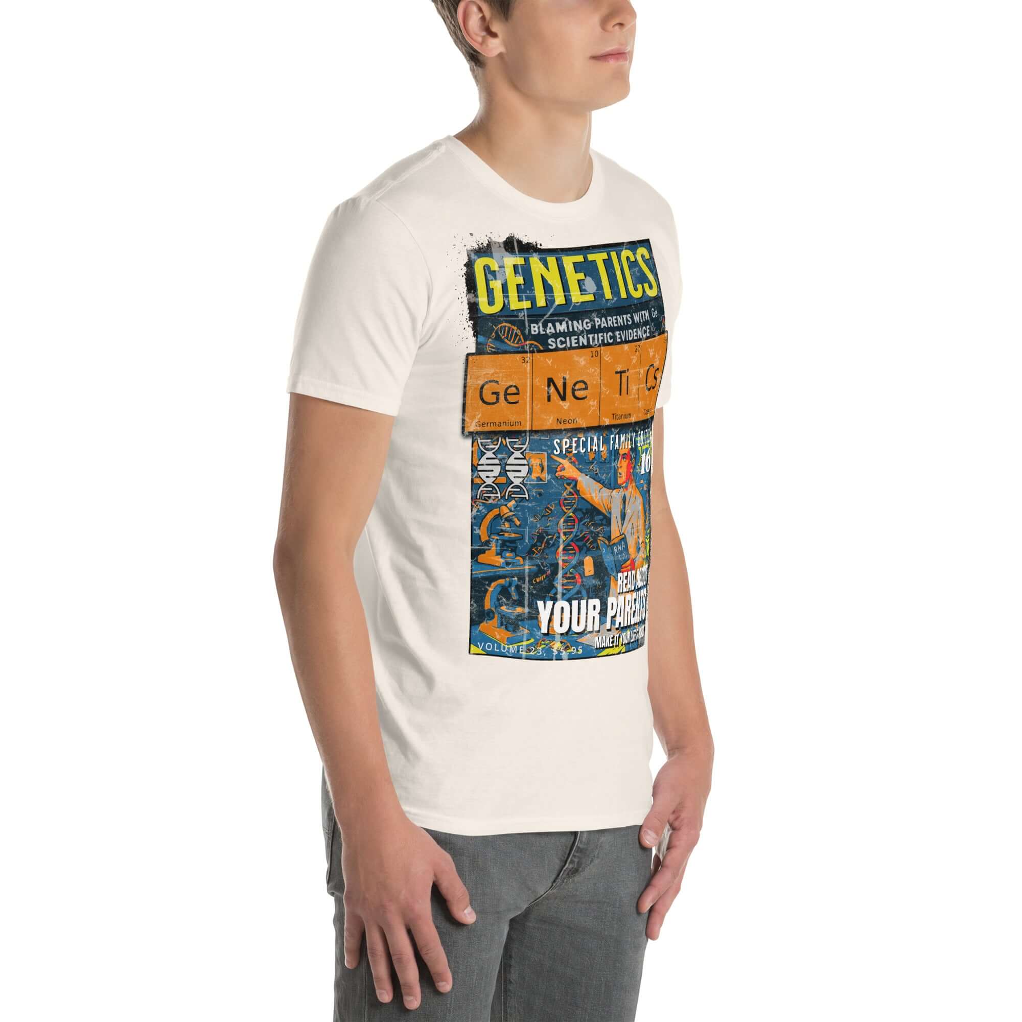 Man wearing Genetics T-Shirt featuring retro comic design "Blaming Parents With Scientific Evidence" showcasing molecular biology humor.