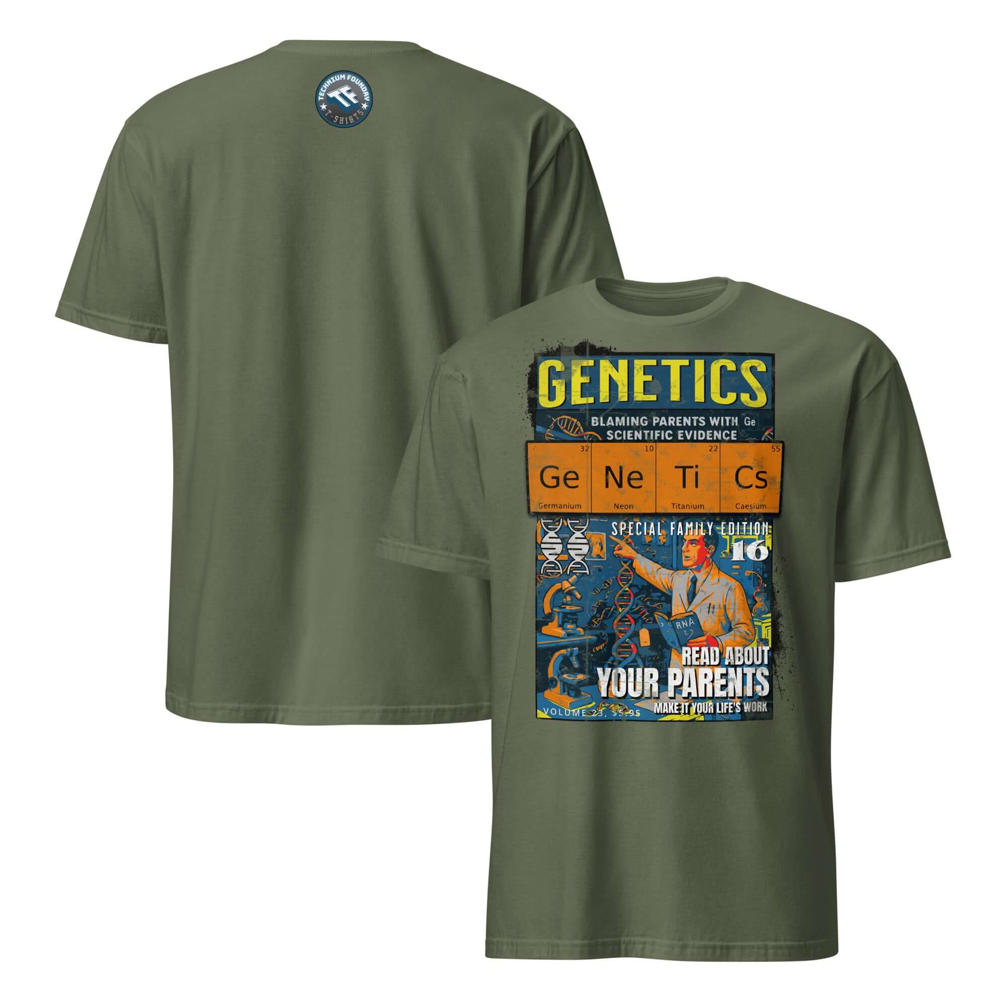 Genetics T-Shirt with vintage comic design, 'Blaming Parents With Scientific Evidence,' in green, celebrates molecular biology.