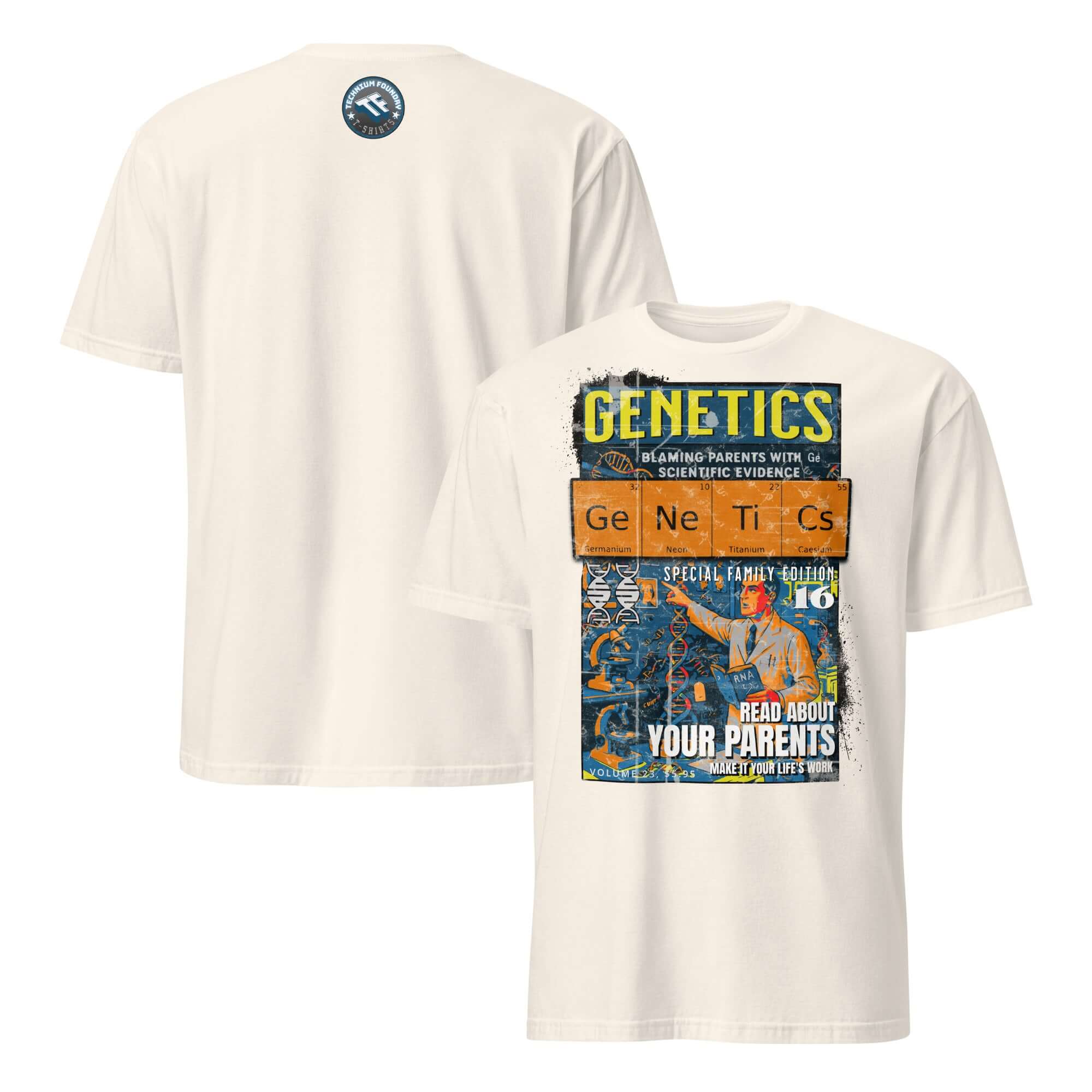 Vintage Genetics T-Shirt - Blame Parents with Scientific Proof. Retro comic-book style design celebrates hereditary influences.