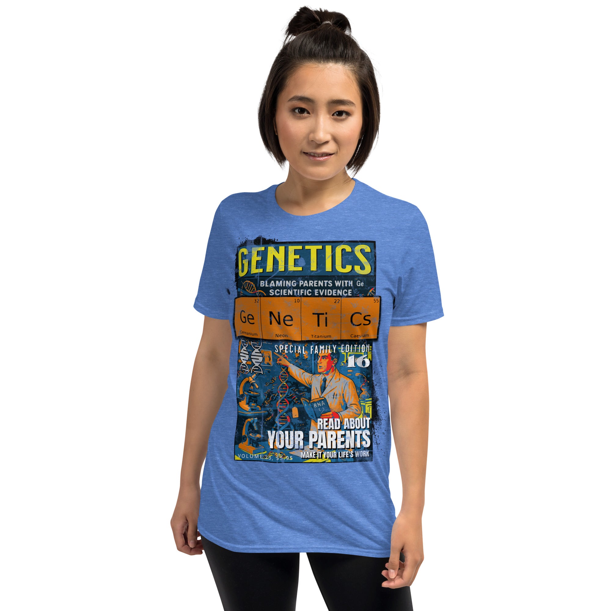 Woman wearing Genetics T-Shirt showcasing vintage comic style about hereditary traits and scientific evidence.
