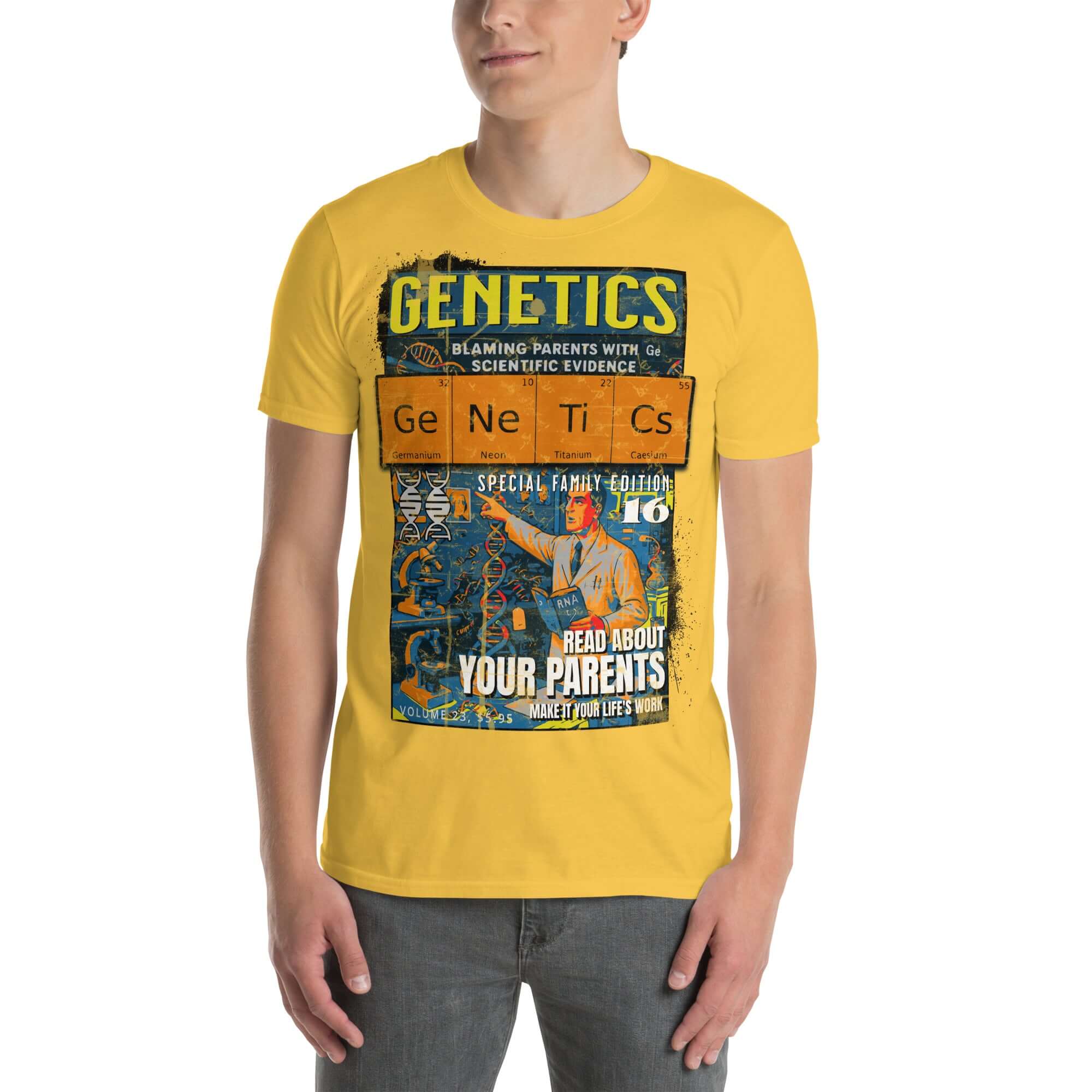 Man wearing Genetics T-Shirt with vintage comic design, humorously blaming parents with scientific evidence, yellow shirt.