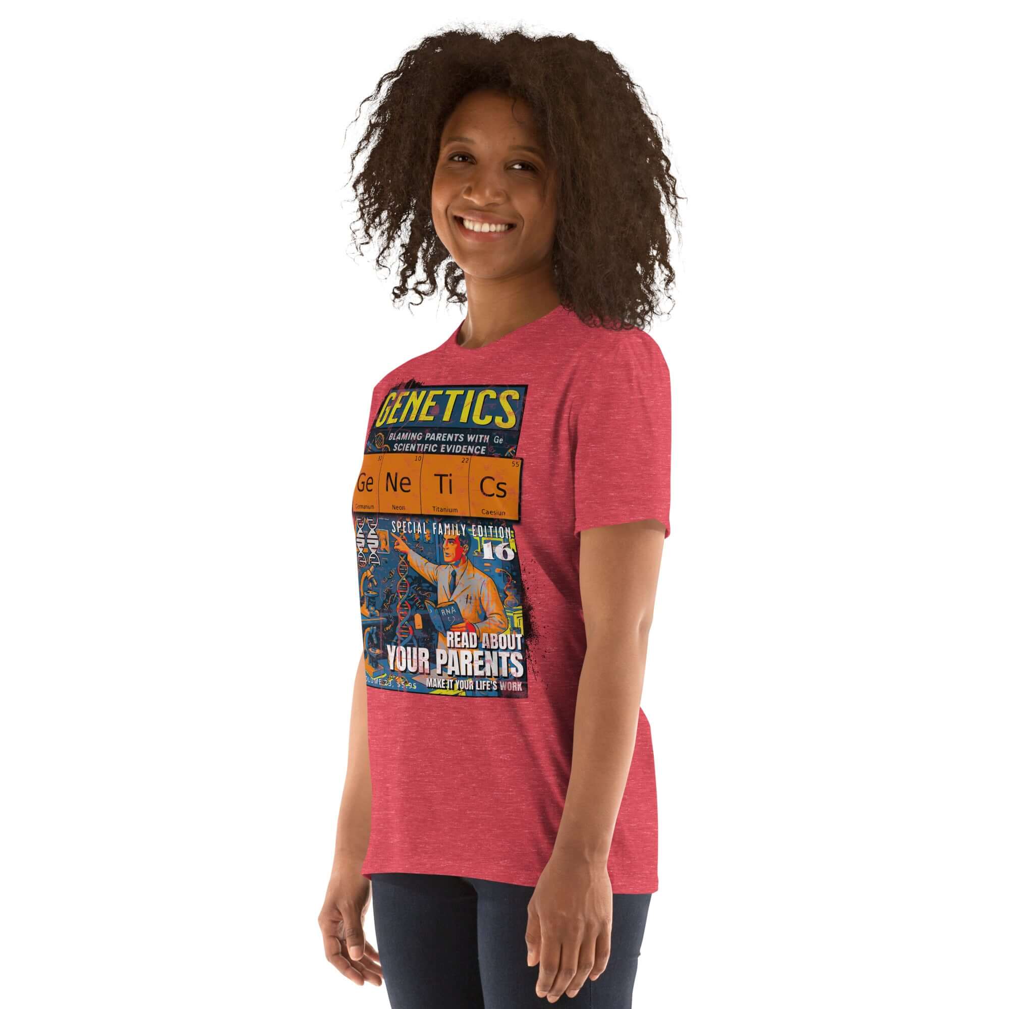 Alt Tag: Genetics T-Shirt featuring vintage comic cover - 'Blaming Parents With Scientific Evidence'. Retro design in red. Shop now.