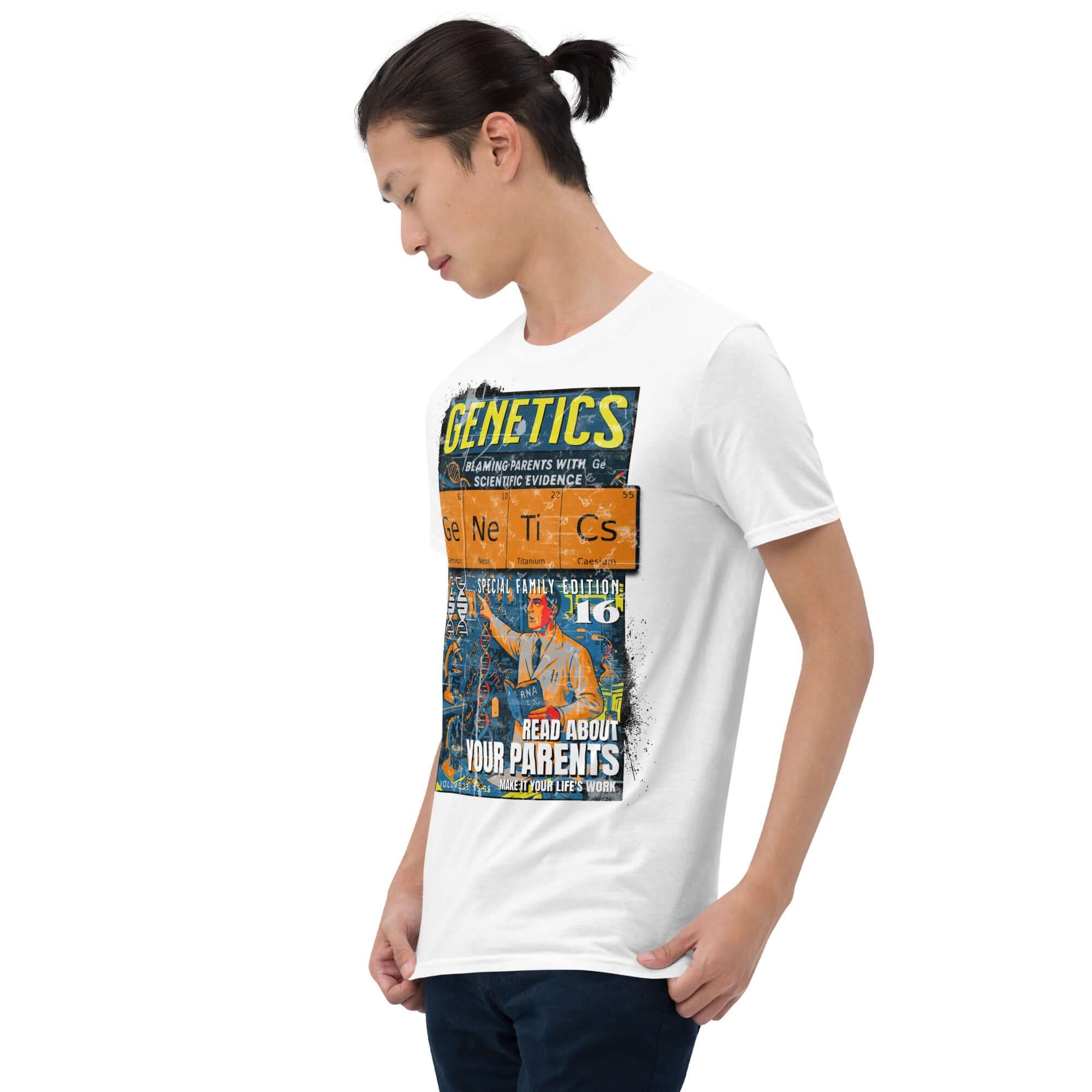 Model wearing Genetics T-Shirt with retro comic design, 'Blaming Parents With Scientific Evidence.' Perfect for biology enthusiasts.