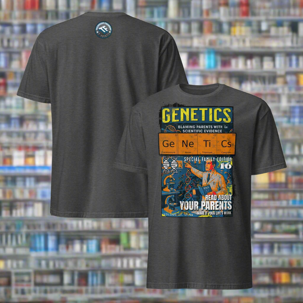 Dark gray Genetics T-Shirt featuring 'Blaming Parents With Scientific Evidence' design with retro magazine cover theme.