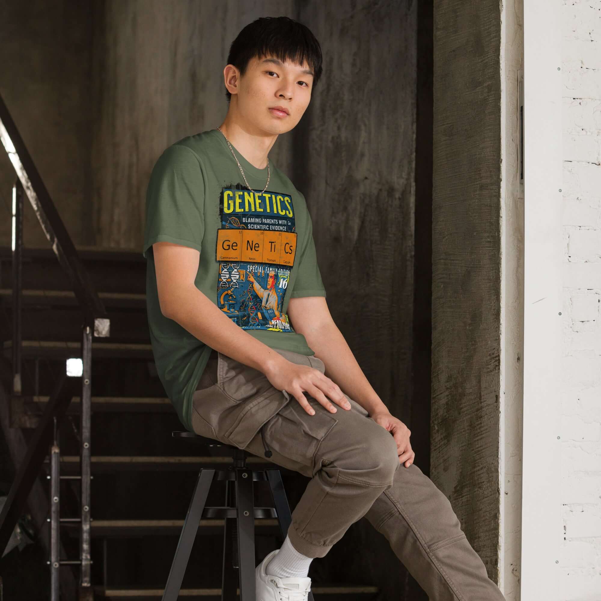 Model wearing Genetics T-Shirt, showcasing comic-style design "Blaming Parents With Scientific Evidence." Fun retro fashion.