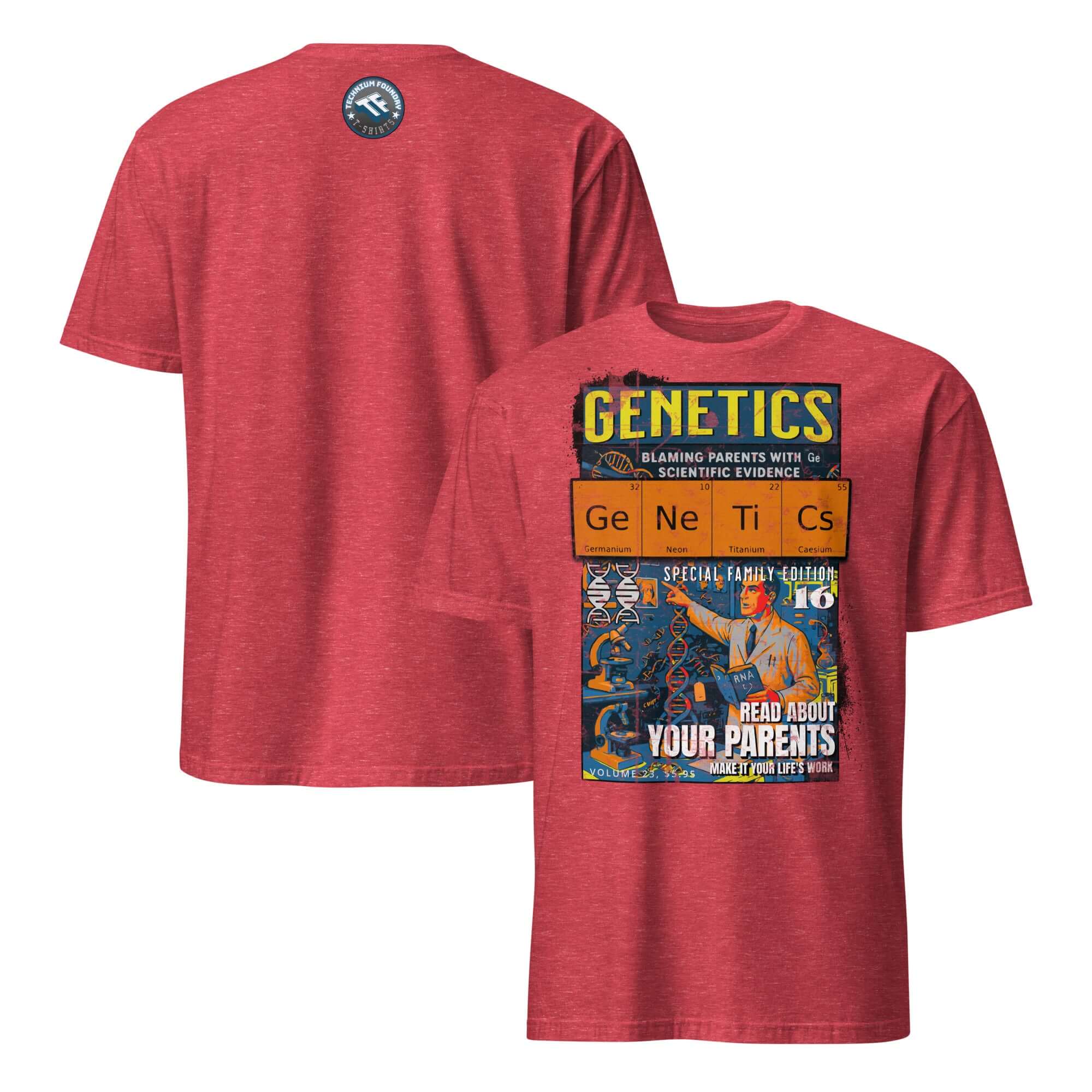 Genetics T-Shirt featuring comic-style art on blaming parents with science. Red tee, retro design. Perfect for science enthusiasts.