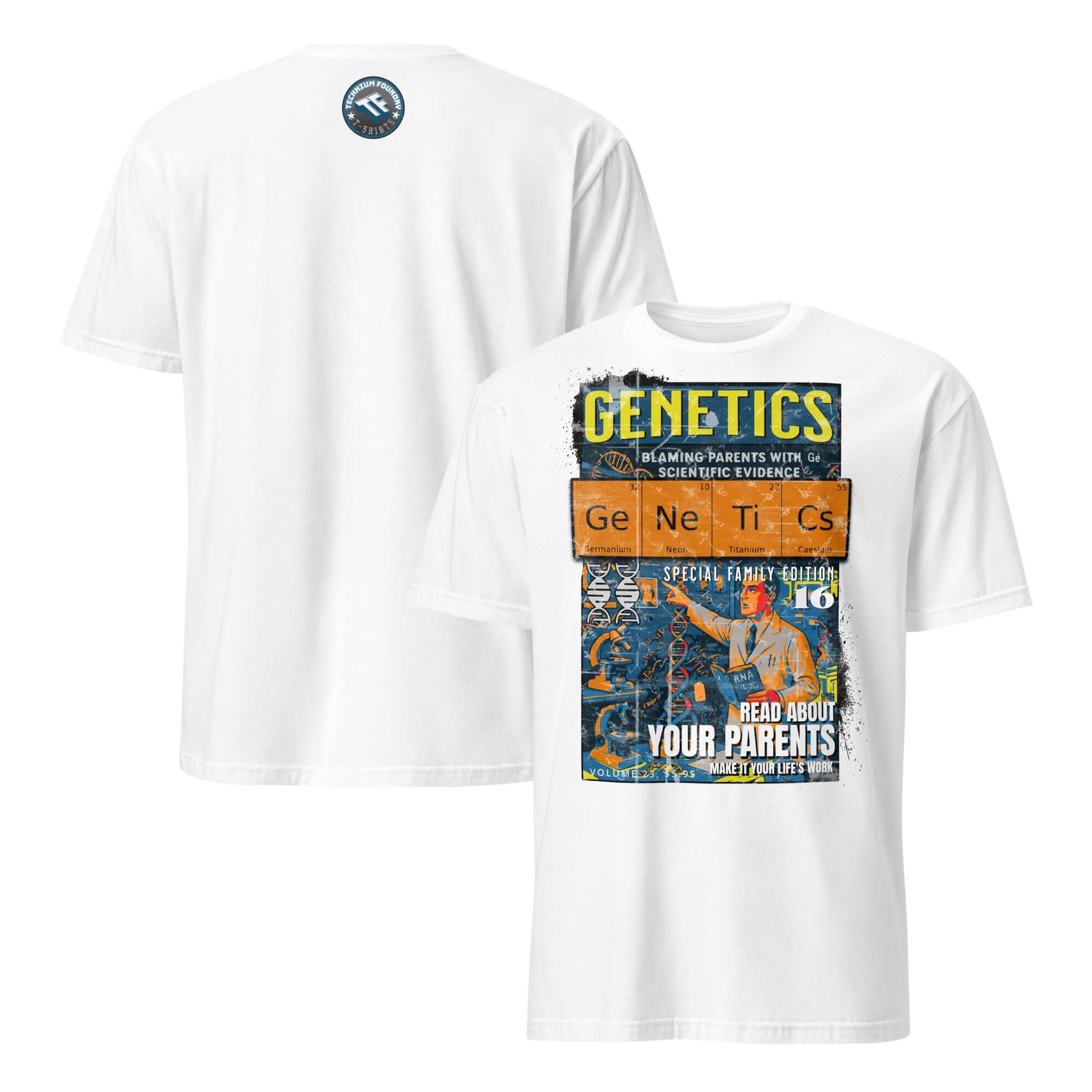 Vintage Genetics T-Shirt depicting comic cover, reads "Blaming Parents With Scientific Evidence,” perfect for science enthusiasts.