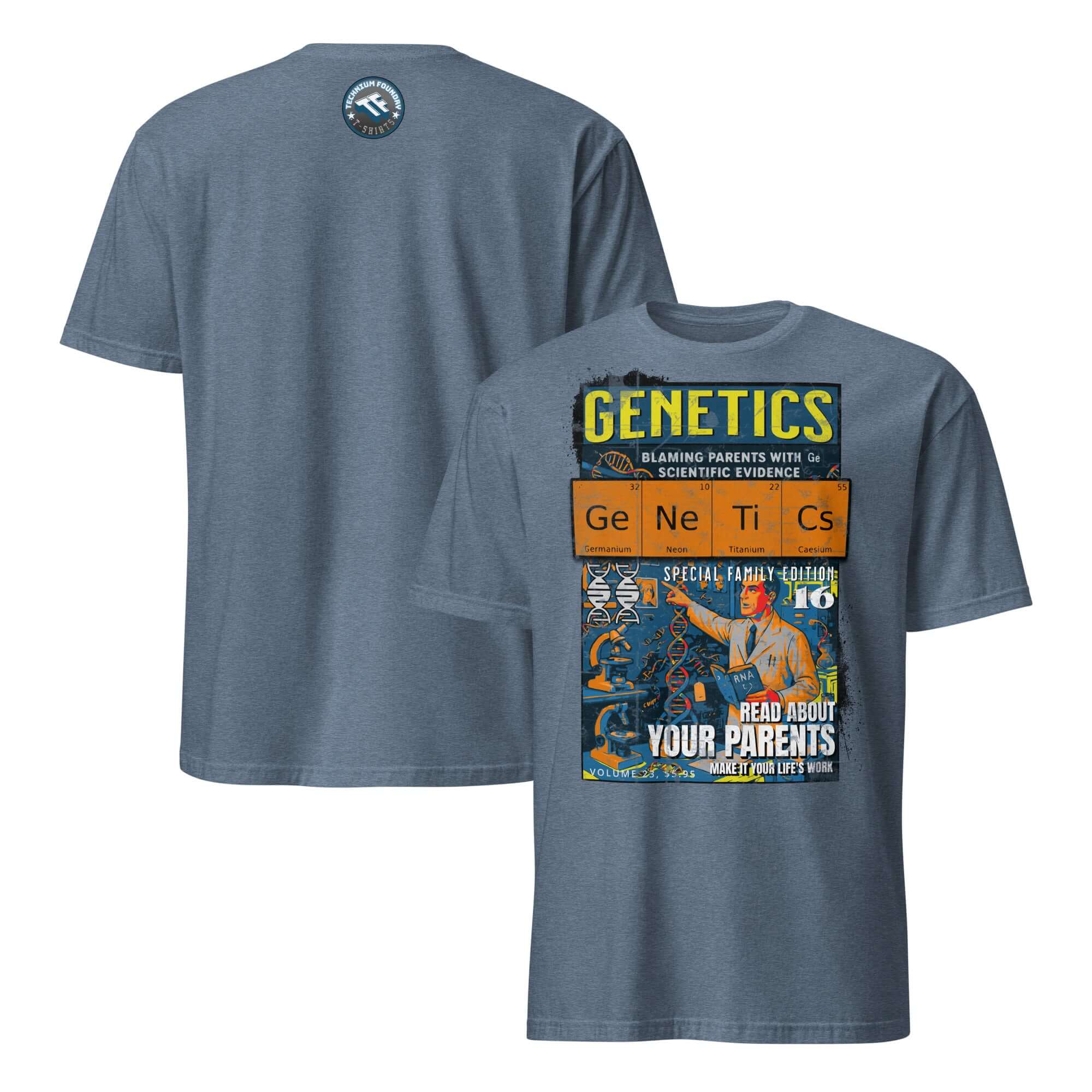 Vintage Genetics T-Shirt with comic-style design humorously blaming parents with scientific evidence for life choices.