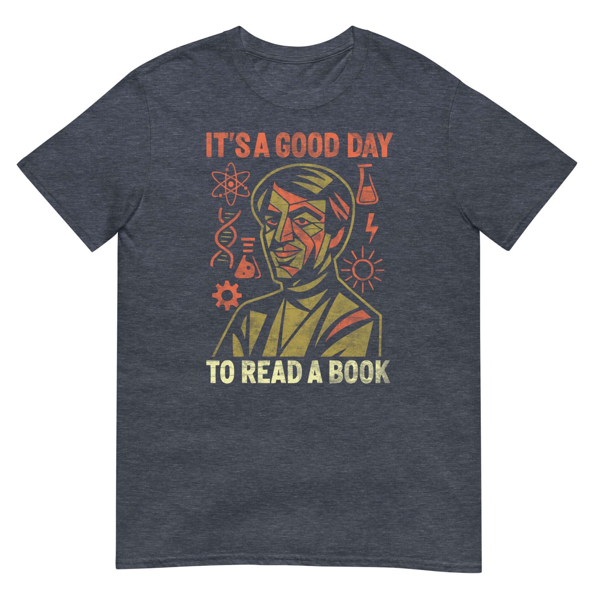 Alt Tag: "It's a Good Day to Read a Book" t-shirt with vintage illustration and motivational reading slogan on dark background.
